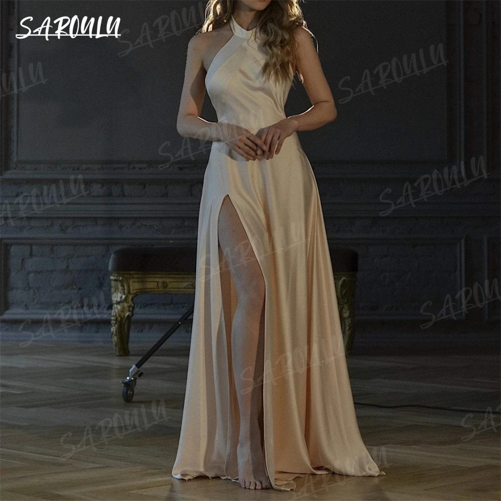 Champagne Satin Evening Dress Side Slit Halter Women Prom Gown Party Dress Women Formal Dress Backless Sleevelesss Robe De Sorie
Champagne Satin Evening Dress Side Slit Halter Women Prom Gown Party Dress Women Formal Dress Backless Sleevelesss Robe De Sorie
