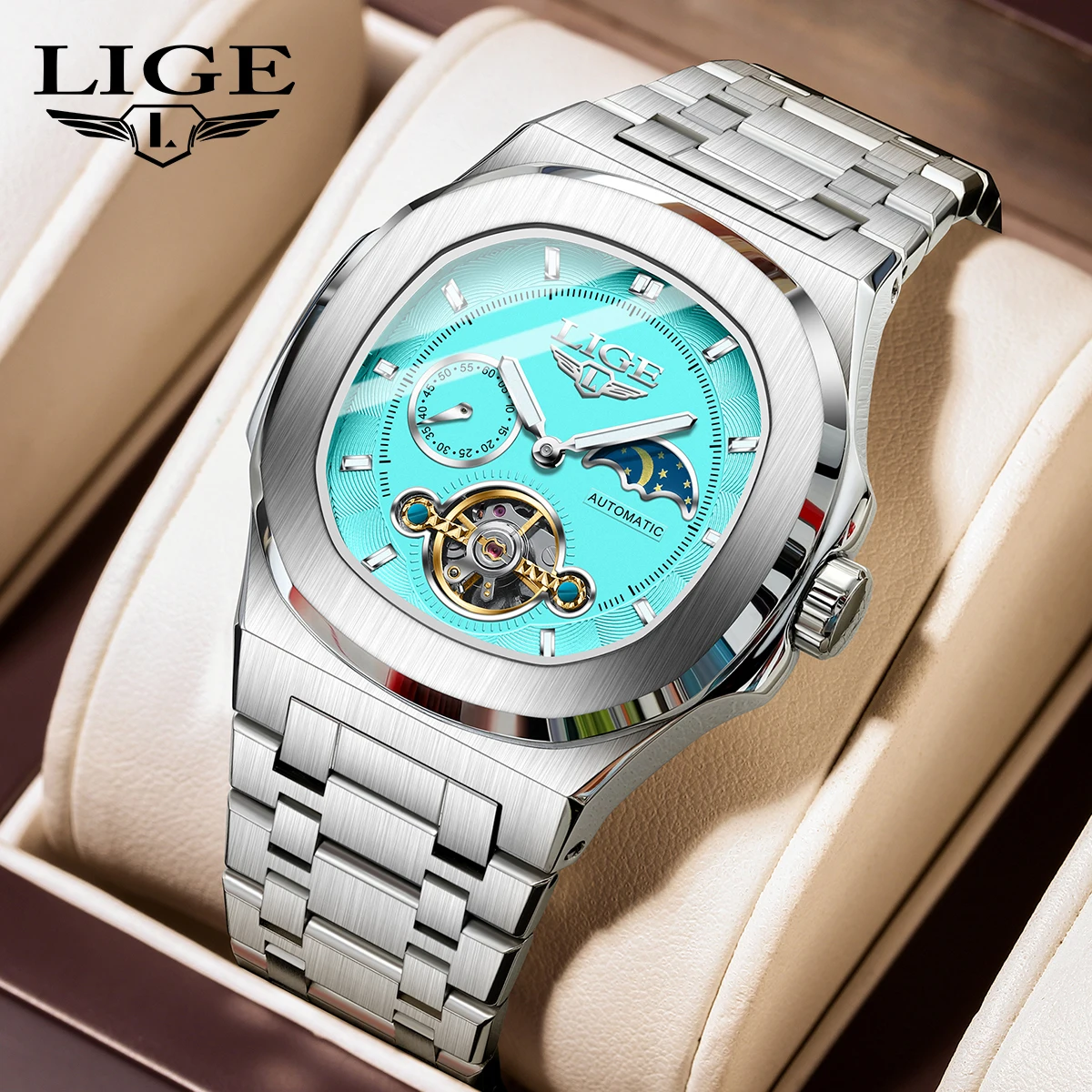 Мужские часы LIGE: люксовые, автоматические, квадратные, с турбийоном, водонепроницаемые, механические, с 24-часовым отображением фаз Луны
Мужские часы LIGE: люксовые, автоматические, квадратные, с турбийоном, водонепроницаемые, механические, с 24-часовым отображением фаз Луны