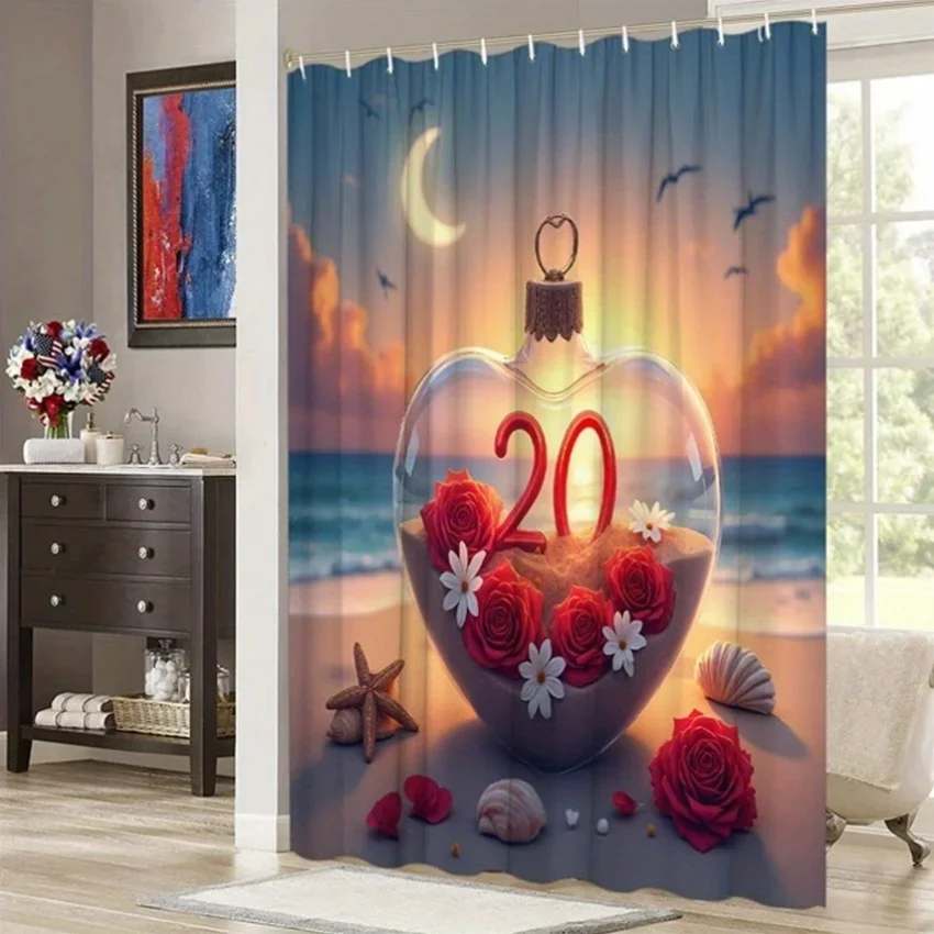 1 шт. Занавеска для душа со стеклянным орнаментом в форме сердца — красные розы, пляжный закат, ракушки, тема святого Валентина, полиэстер 
1 шт. Занавеска для душа со стеклянным орнаментом в форме сердца — красные розы, пляжный закат, ракушки, тема святого Валентина, полиэстер