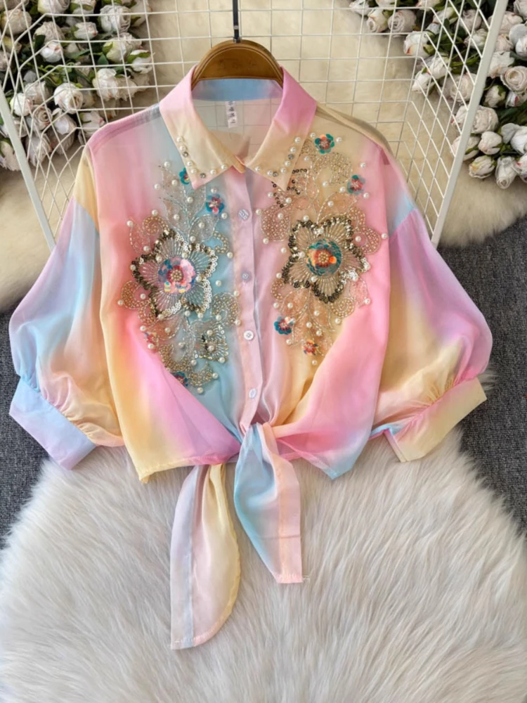 Colorful Sunscreen Clothing Summer Fashion Y2k Bead Sequin Flower Tie-Dye Bow Lace-Up Women's Top Thin Short Shirt Female
Colorful Sunscreen Clothing Summer Fashion Y2k Bead Sequin Flower Tie-Dye Bow Lace-Up Women's Top Thin Short Shirt Female