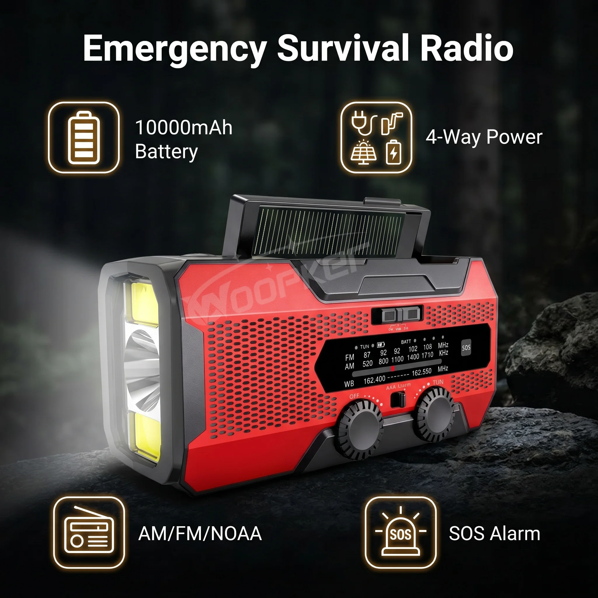 WOOPKER 10000mAh Emergency Hand Crank Solar Radio AM/FM/NOAA Weather Alert USB/AAA charge Power Bank LED Flashlight SOS Alarm
WOOPKER 10000mAh Emergency Hand Crank Solar Radio AM/FM/NOAA Weather Alert USB/AAA charge Power Bank LED Flashlight SOS Alarm