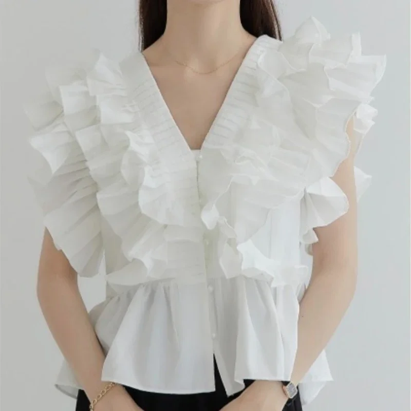Винтажные женские блузки, однотонные рубашки, модная тонкая летняя одежда с рюшами и v-образным вырезом, шифоновые женские топы с короткими рукавами 
Винтажные женские блузки, однотонные рубашки, модная тонкая летняя одежда с рюшами и v-образным вырезом, шифоновые женские топы с короткими рукавами