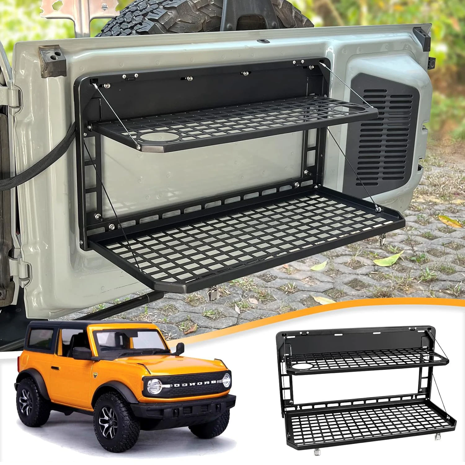 2-Tier Tailgate Table Camping Desk – Foldable Rear Door Cargo Shelf with MOLLE Panel for Ford Bronco 2021-2025 4/2 Door
2-Tier Tailgate Table Camping Desk – Foldable Rear Door Cargo Shelf with MOLLE Panel for Ford Bronco 2021-2025 4/2 Door