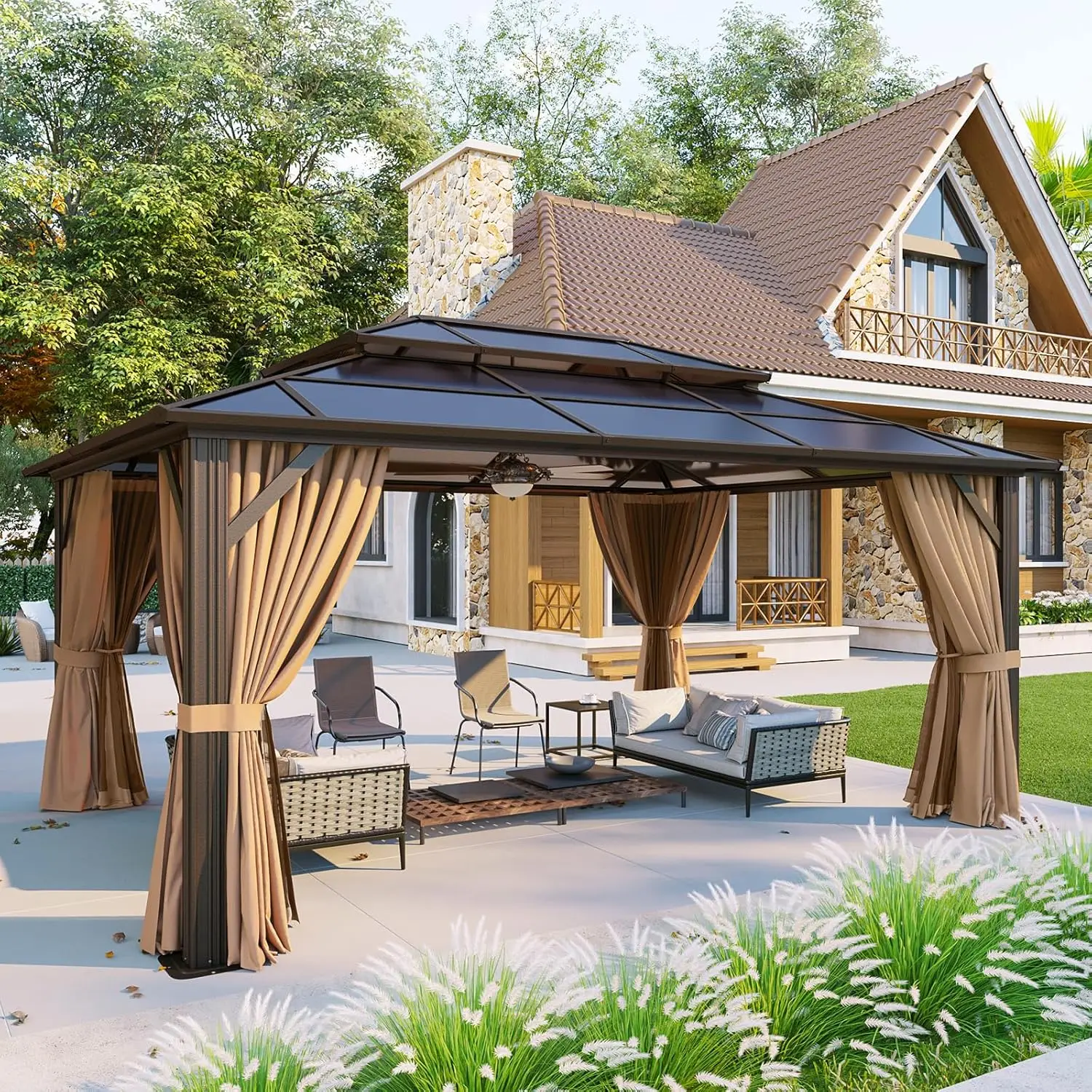12x16 Aluminum Frame Hardtop Gazebo with Curtains & Netting Polycarbonate Double Roof for Garden Lawn Patio, Custom
12x16 Aluminum Frame Hardtop Gazebo with Curtains & Netting Polycarbonate Double Roof for Garden Lawn Patio, Custom