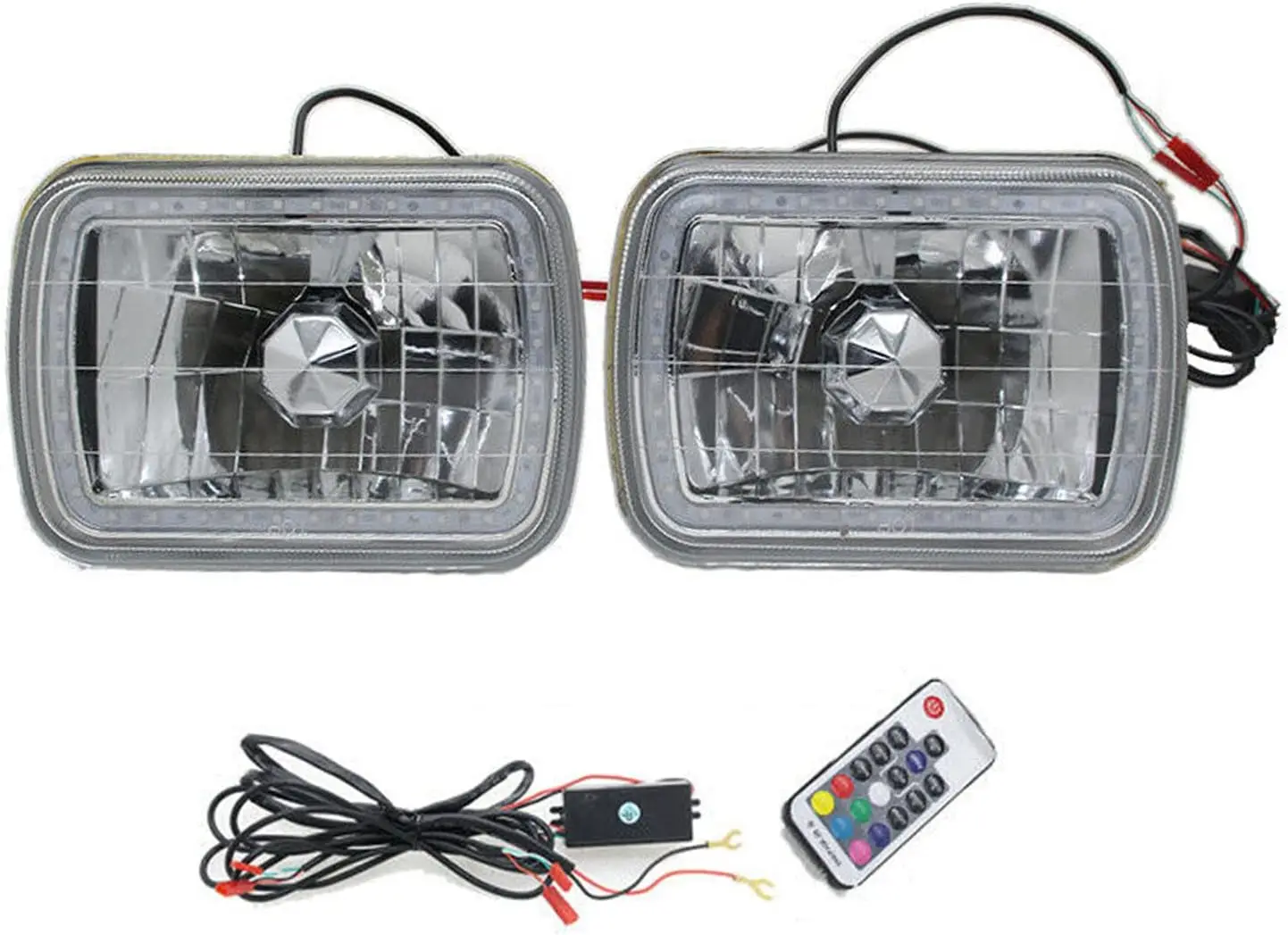 7×6-Inch Semi-Sealed Headlights with RGB Multi-Color LED Rings Pair of Chrome Housing Clear Lens High and Low Beam Replacement K
7×6-Inch Semi-Sealed Headlights with RGB Multi-Color LED Rings Pair of Chrome Housing Clear Lens High and Low Beam Replacement K