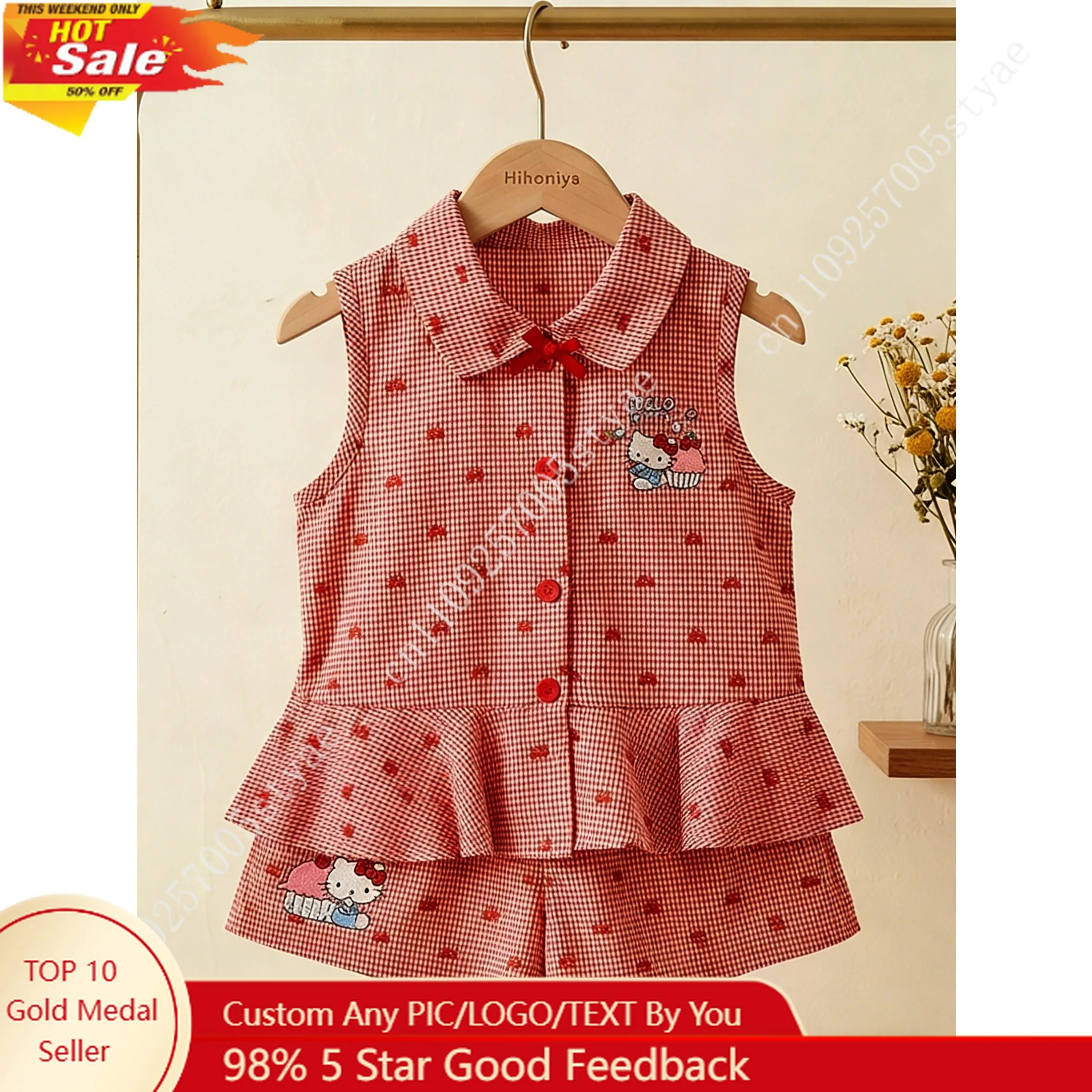Sanrio Hello Kitty Girls' Summer 2pcs New Set Sleeveless Checkered Top and Shorts Two Piece Set Cute Polo Collar Design
Sanrio Hello Kitty Girls' Summer 2pcs New Set Sleeveless Checkered Top and Shorts Two Piece Set Cute Polo Collar Design