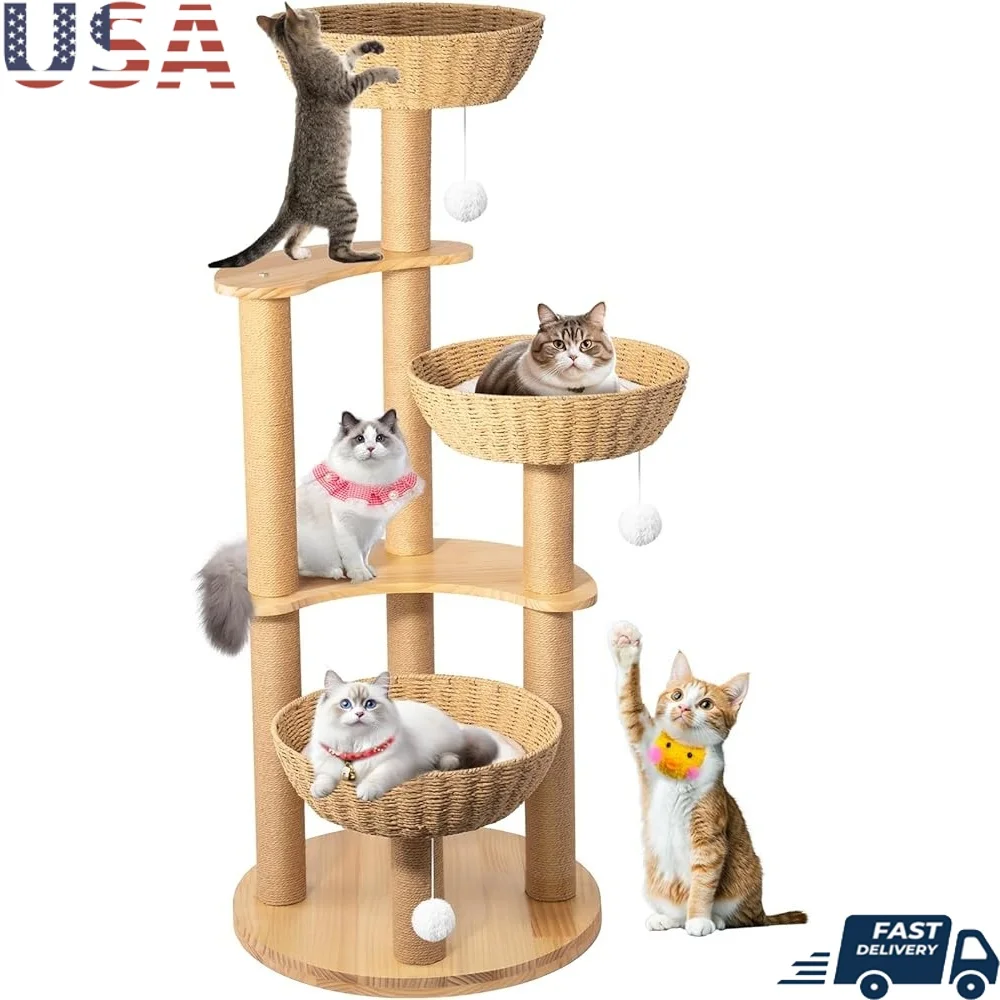 Modern Oak Cat Tree Tower with 8 Scratching Posts Multi-Level Cat Condo and 3 Removable Weaving Nests Indoor
Modern Oak Cat Tree Tower with 8 Scratching Posts Multi-Level Cat Condo and 3 Removable Weaving Nests Indoor