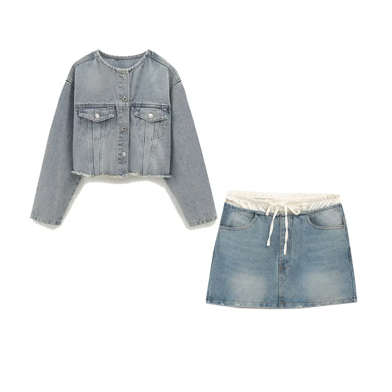 Women's Retro Denim Jacket Short Skirt Suit Round Neck Long Sleeve Top Elastic Waist Mini Skirt Summer New Casual Fashion Suit
Women's Retro Denim Jacket Short Skirt Suit Round Neck Long Sleeve Top Elastic Waist Mini Skirt Summer New Casual Fashion Suit