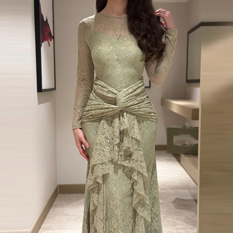 Spring Trendy Lady Banquet Dress New Lace Embroidery Solid Ruffles Evening Dress Elegant O-neck Long Sleeve Slim Wrap Hips Dress
Spring Trendy Lady Banquet Dress New Lace Embroidery Solid Ruffles Evening Dress Elegant O-neck Long Sleeve Slim Wrap Hips Dress
