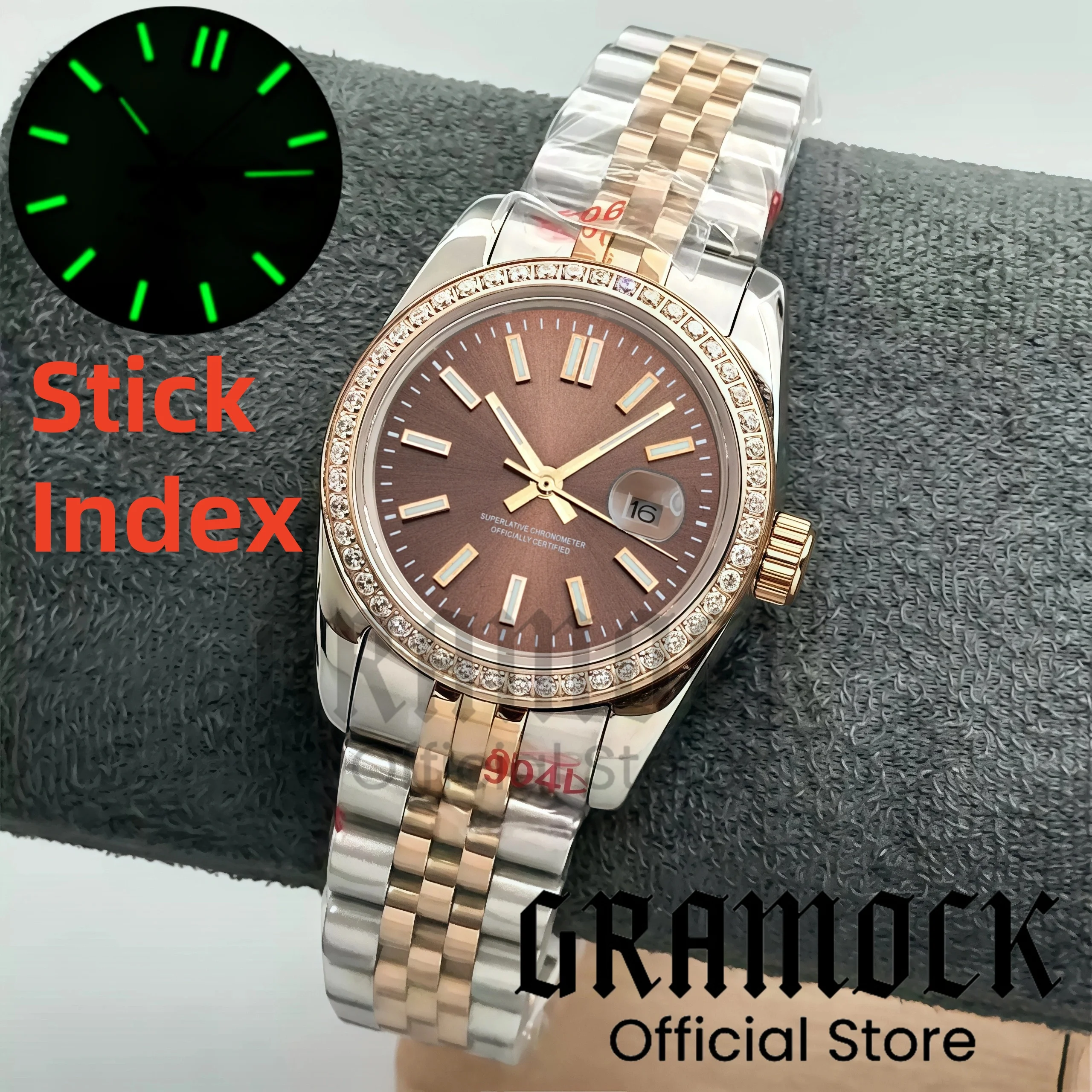 Gramock Luxury Decorated Diamond 31mm Lady's NH05 Automatic Wristwatch Sapphire Glass Sunburst Red Green Dial Stick Index Lume
Gramock Luxury Decorated Diamond 31mm Lady's NH05 Automatic Wristwatch Sapphire Glass Sunburst Red Green Dial Stick Index Lume