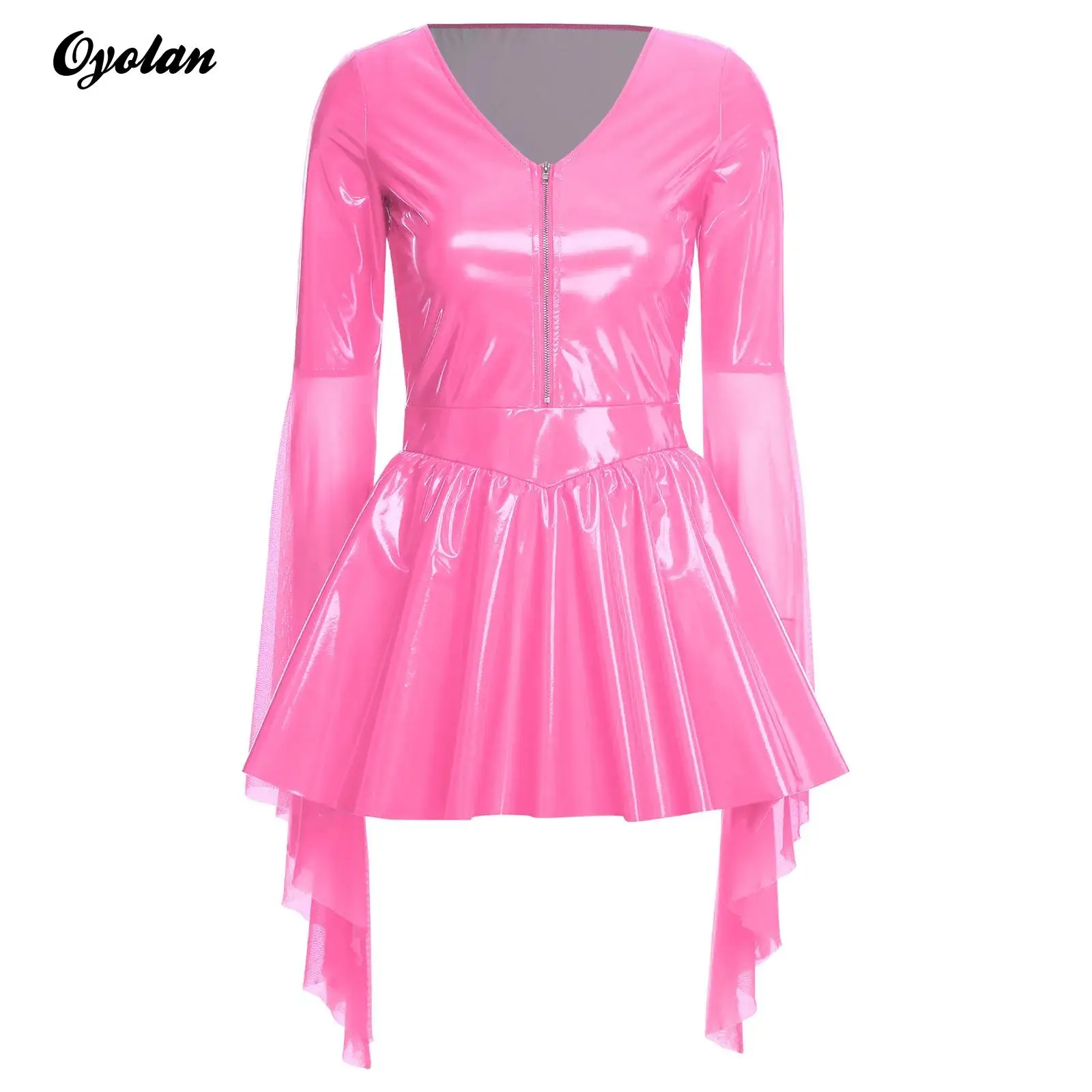 Women Latex Vintage Dress Deep Mesh Long Sleeves Bodycon Mini Dress Shiny Faux Leather A-line Dress Rave Party Punk Club Wear
Women Latex Vintage Dress Deep Mesh Long Sleeves Bodycon Mini Dress Shiny Faux Leather A-line Dress Rave Party Punk Club Wear