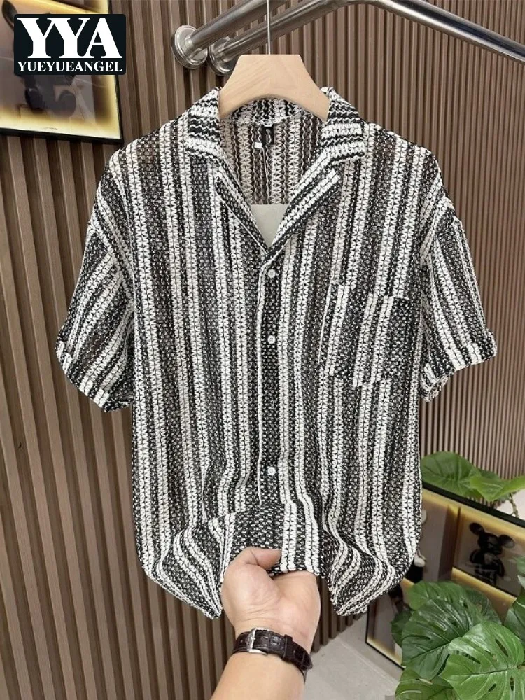 Summer Mens Striped Shirt Fashion Hollow Out Lapel Single Breasted Harajuku Tops High Street Casual Short Sleeve Shirts Male
Summer Mens Striped Shirt Fashion Hollow Out Lapel Single Breasted Harajuku Tops High Street Casual Short Sleeve Shirts Male