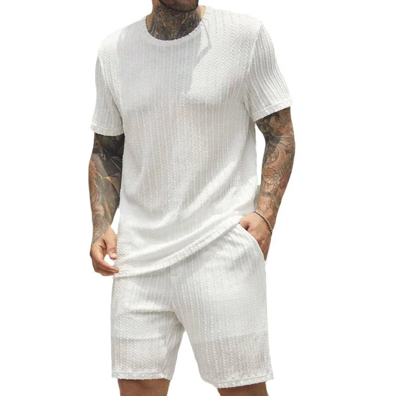 Summer New Fashion Personalized Men's Sports Suit Solid Color round Neck Pullover Vertical PatternTT-shirt Shorts Simple and Ver
Summer New Fashion Personalized Men's Sports Suit Solid Color round Neck Pullover Vertical PatternTT-shirt Shorts Simple and Ver