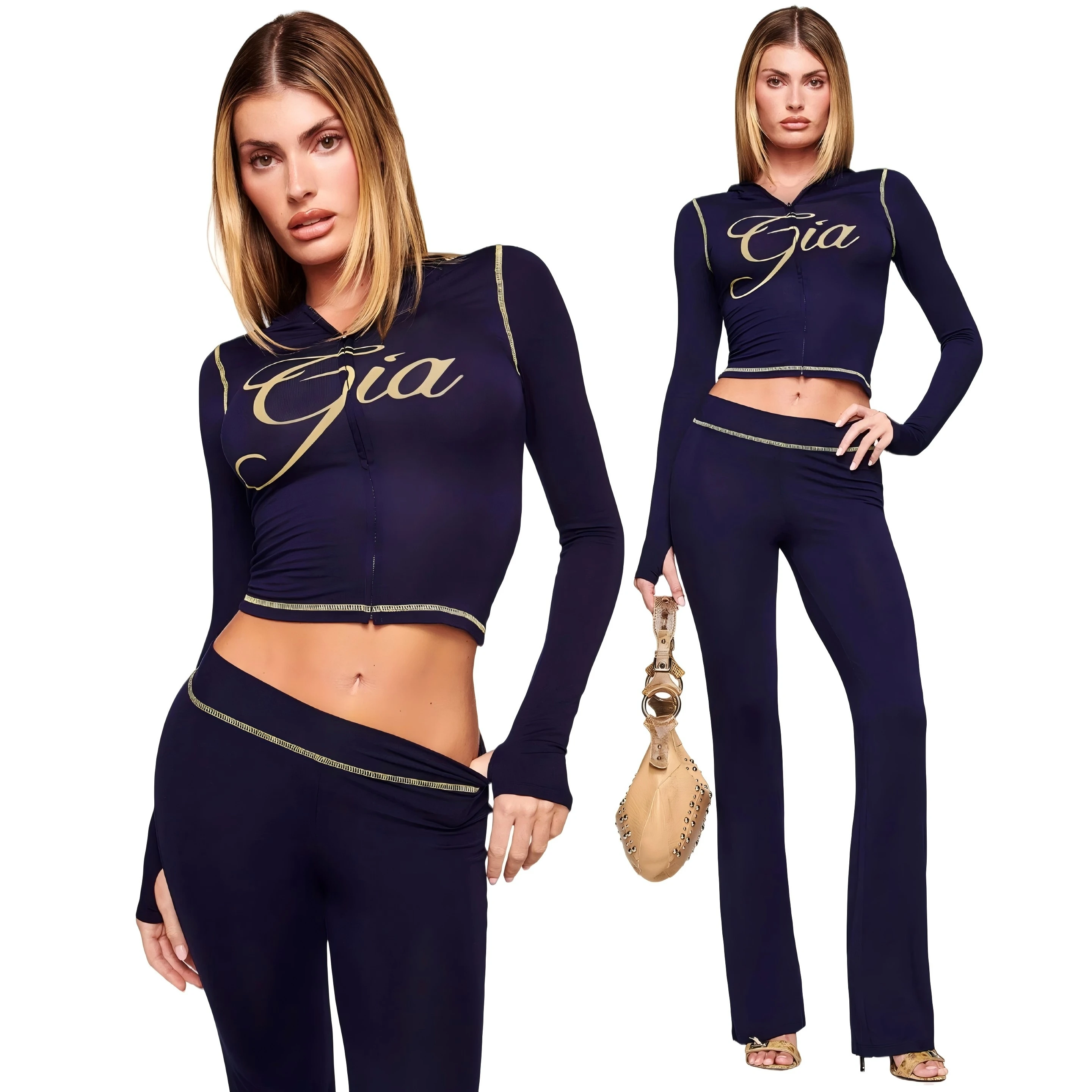 Gia navy regular shoulder slim-fit letter print topstitching design slim-fit hooded zip-up short jacket and pants set
Gia navy regular shoulder slim-fit letter print topstitching design slim-fit hooded zip-up short jacket and pants set
