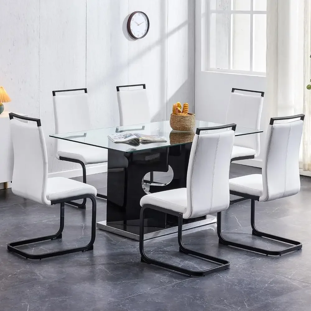 6-Person Glass Dining Table Set with Upholstered Leather Chairs for Elegant Living or Dining Room
6-Person Glass Dining Table Set with Upholstered Leather Chairs for Elegant Living or Dining Room