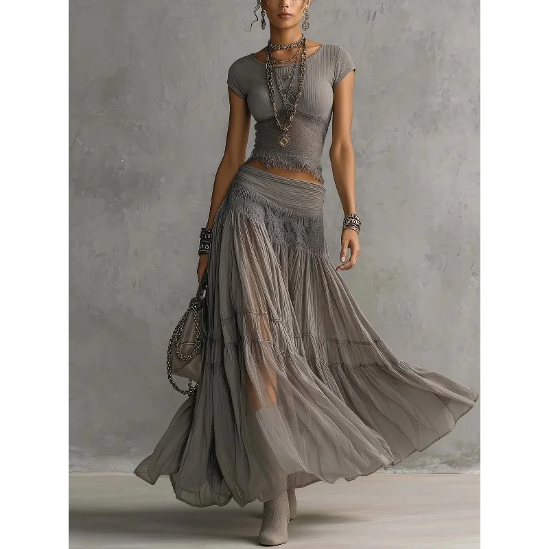 2026 Spring/Summer Grey Knitted Top+Chiffon Long Skirt Set for Women Fashionable and Elegant Two Piece Set
2026 Spring/Summer Grey Knitted Top+Chiffon Long Skirt Set for Women Fashionable and Elegant Two Piece Set