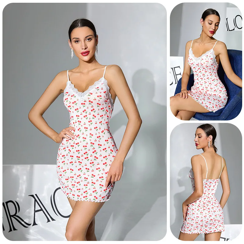 Women Cherry Print Lace Cami Dress Summer Sexy V-Neck Backless Nightgown Spaghetti Strap Mini Sleepwear Casual Cute Home Dress
Women Cherry Print Lace Cami Dress Summer Sexy V-Neck Backless Nightgown Spaghetti Strap Mini Sleepwear Casual Cute Home Dress