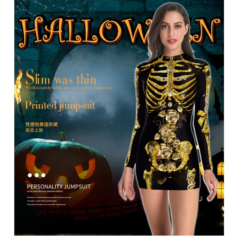 VIP FASHION Golden Skeleton Bodycon Dress Halloween Cosplay Costume Horror Party Clothes 3D Pattern Dresses Performance Outfit
VIP FASHION Golden Skeleton Bodycon Dress Halloween Cosplay Costume Horror Party Clothes 3D Pattern Dresses Performance Outfit