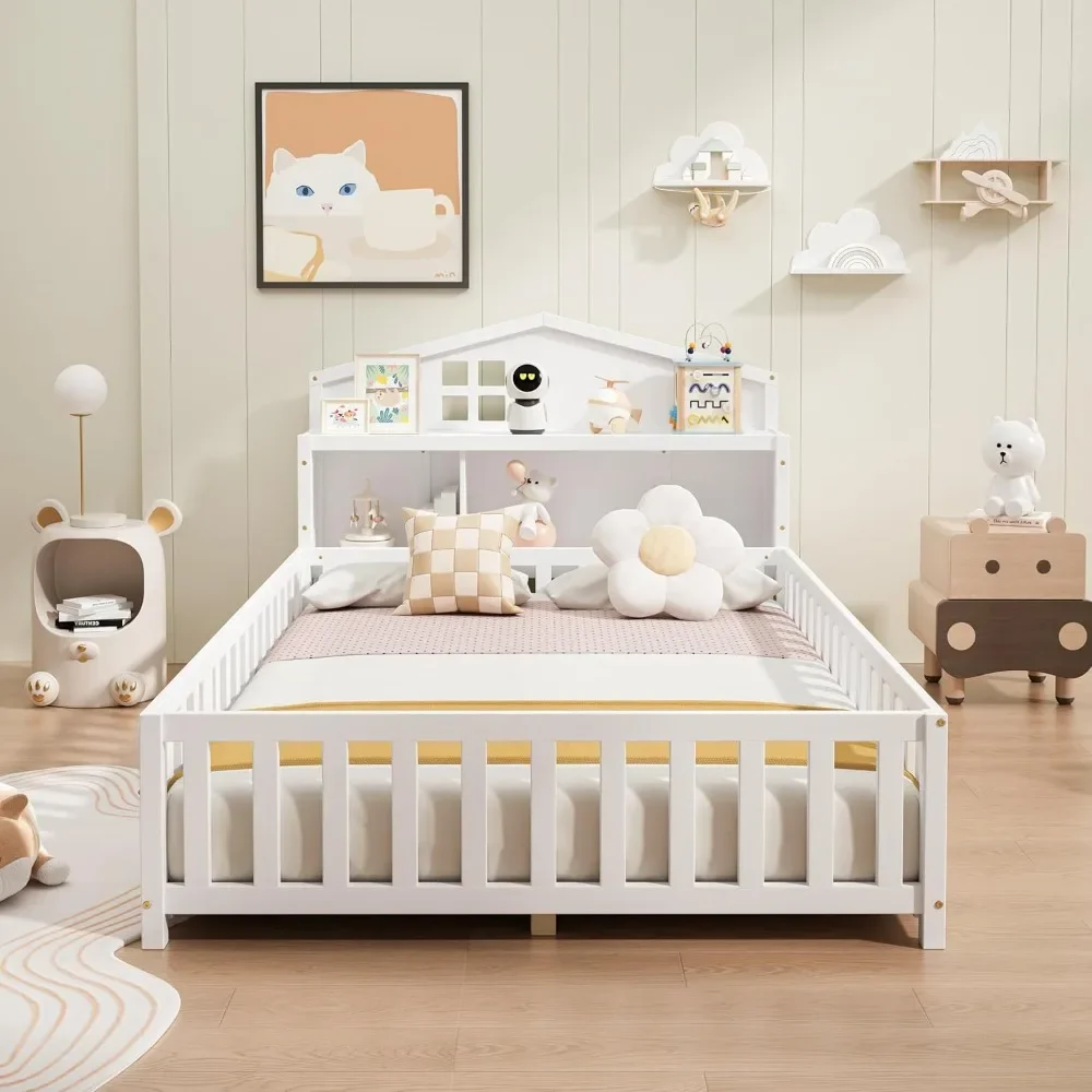Pine Wood Toddler Floor Bed Frame with Fence and Door, Full Size Montessori Floor Bed with Bookcases and Blackboards for Kids
Pine Wood Toddler Floor Bed Frame with Fence and Door, Full Size Montessori Floor Bed with Bookcases and Blackboards for Kids