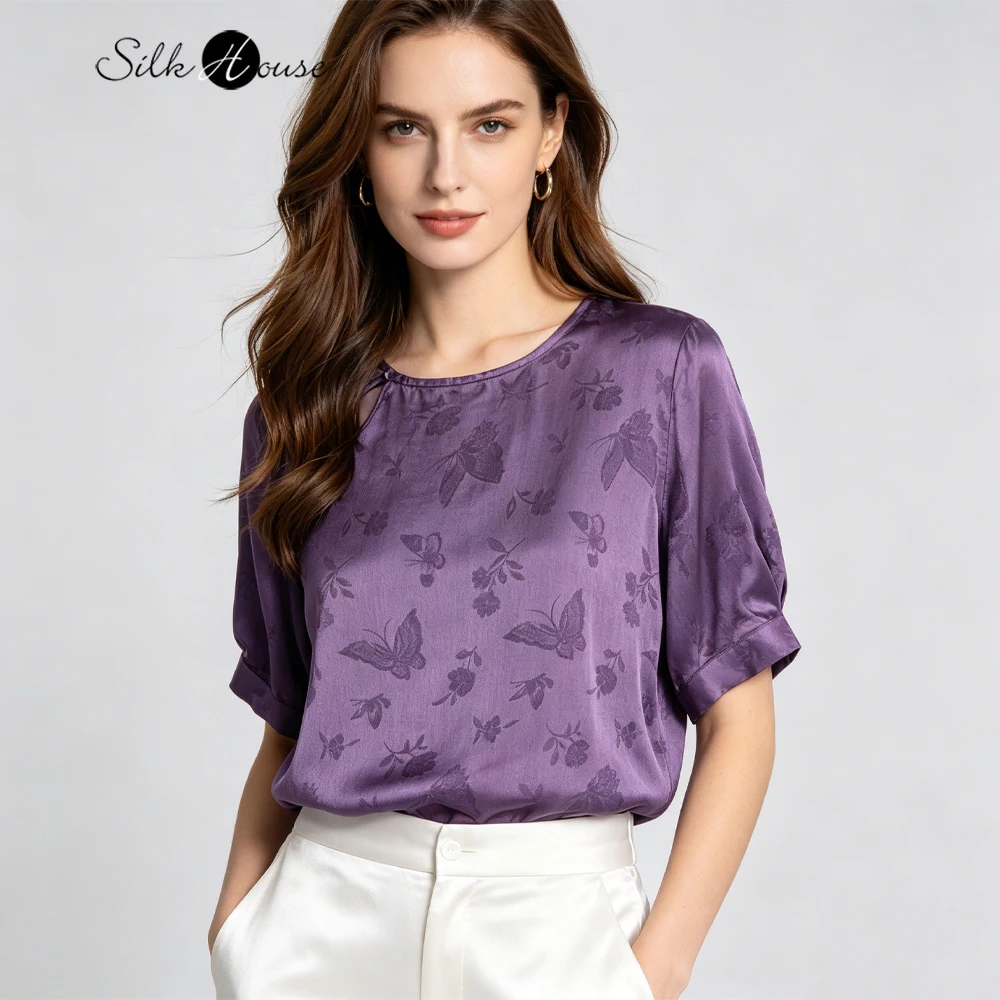Light Luxury Fashion Purple Glossy 100% Natural Mulberry Silk Jacquard Satin Round Neck Lantern Short Sleeved Women's T-shirt
Light Luxury Fashion Purple Glossy 100% Natural Mulberry Silk Jacquard Satin Round Neck Lantern Short Sleeved Women's T-shirt