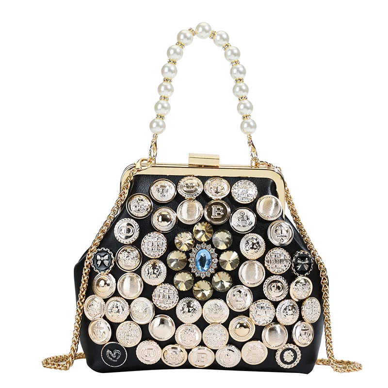  Luxury Designer Dinner Bag Women Diamond Studded Chain Retro Button Crossbody Purse Punk Style Clip on Shoulder Bag
Luxury Designer Dinner Bag Women Diamond Studded Chain Retro Button Crossbody Purse Punk Style Clip on Shoulder Bag