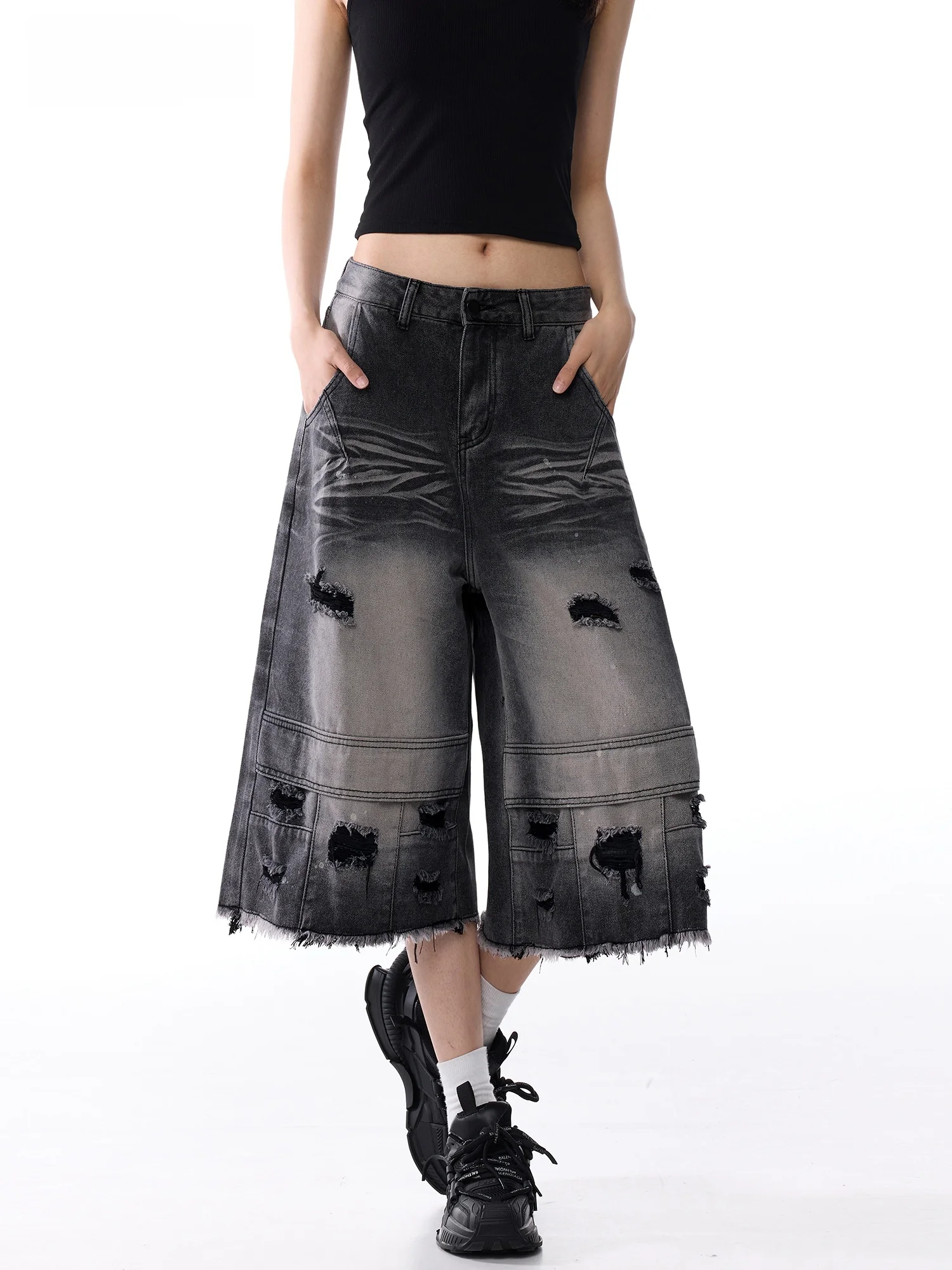 Edx Black Ripped Seven-Five Jeans Women's Stylish Summer Thin Splice Design Slimming Washed Short Pants Casual Wide Leg Jeans
Edx Black Ripped Seven-Five Jeans Women's Stylish Summer Thin Splice Design Slimming Washed Short Pants Casual Wide Leg Jeans