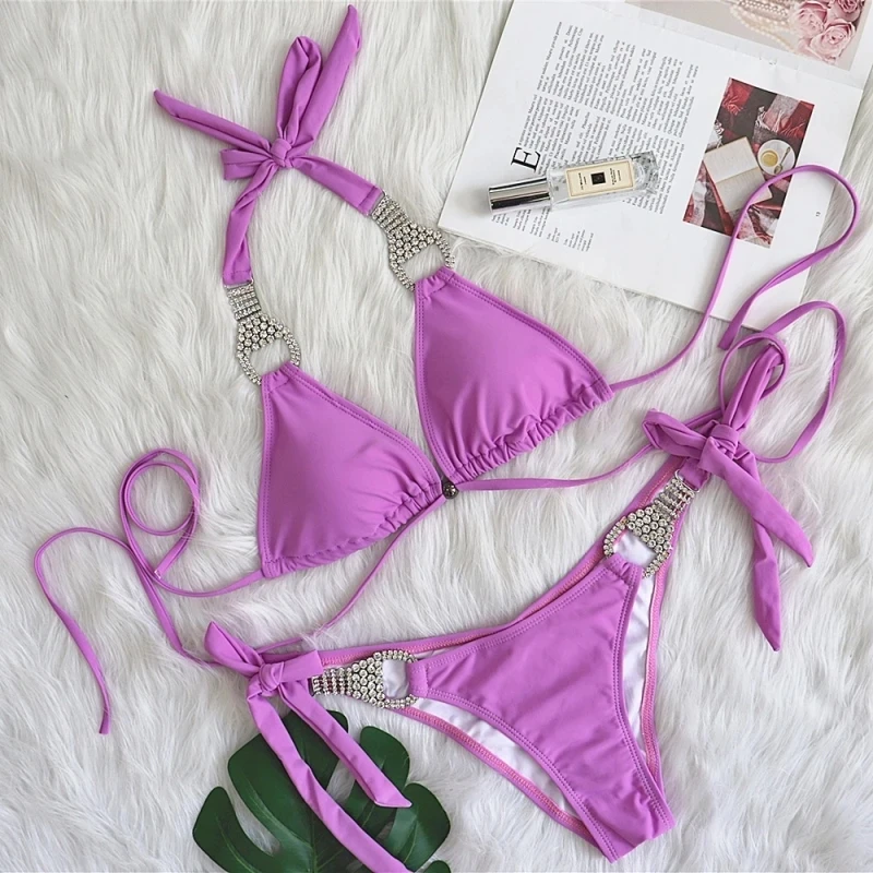 Beach Vacation Solid Color Sexy Strap Bikini Swimsuit with Rhinestones
Beach Vacation Solid Color Sexy Strap Bikini Swimsuit with Rhinestones