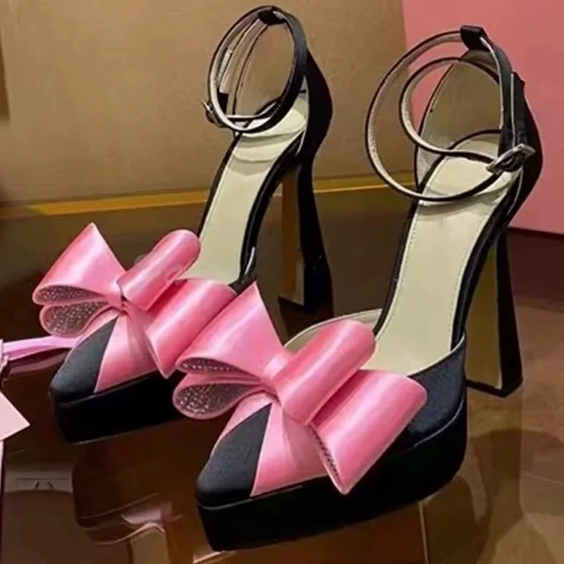Pink Bow Tie Platform Back Strap Chunky Heel Sandals Woman Summer 2025 Rhinestone Mixed Colors Pointed Toe High Heel Shoes 
Pink Bow Tie Platform Back Strap Chunky Heel Sandals Woman Summer 2025 Rhinestone Mixed Colors Pointed Toe High Heel Shoes