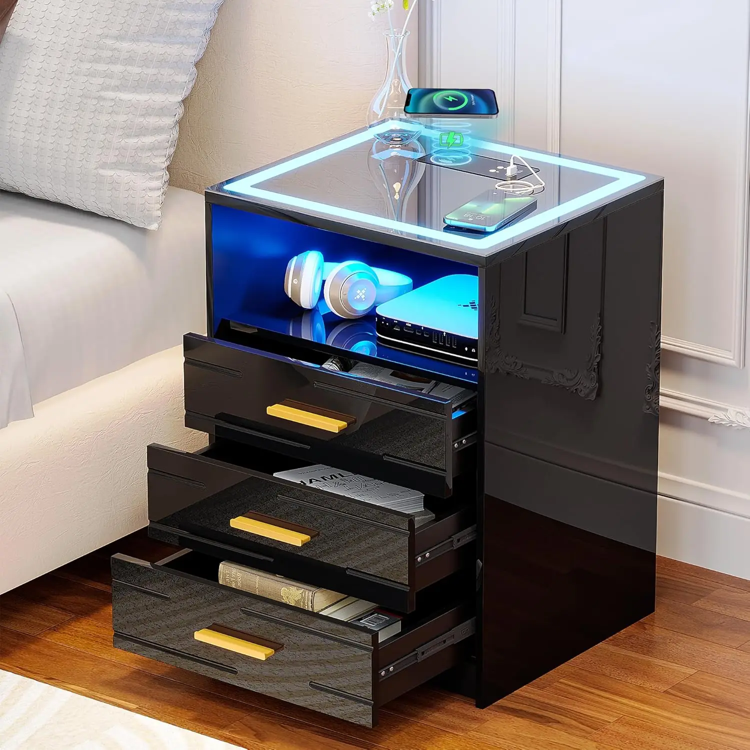 Nightstand With Wireless Charging Station, Auto Sensor 3 Color Dimmable Night Stand, Glass Top Bedside Table, Customized
Nightstand With Wireless Charging Station, Auto Sensor 3 Color Dimmable Night Stand, Glass Top Bedside Table, Customized