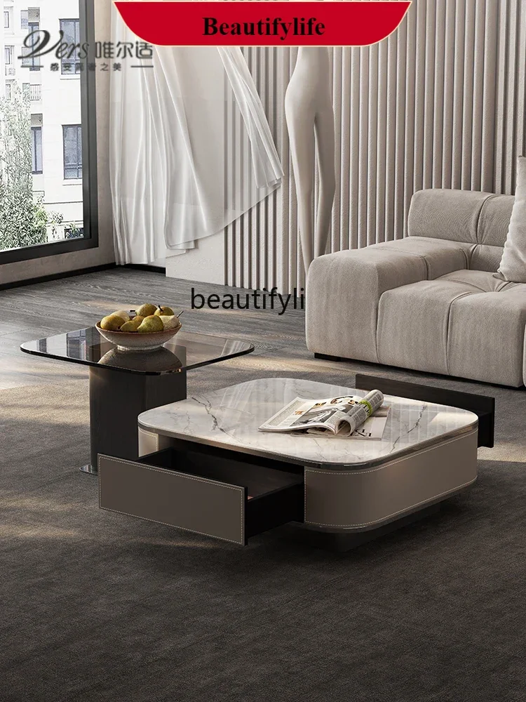 Saddle leather coffee table solid wood rock slab square tea table designer style high and low coffee table combination G1218
Saddle leather coffee table solid wood rock slab square tea table designer style high and low coffee table combination G1218