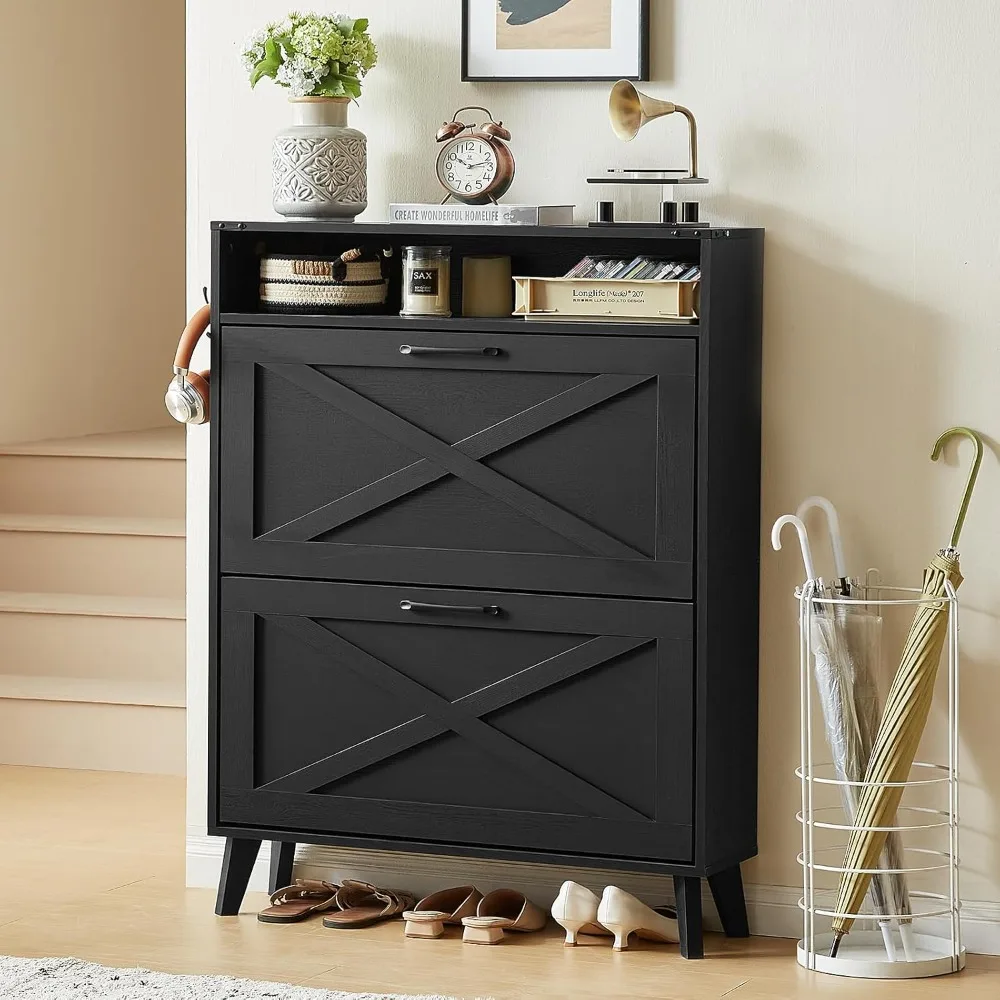 Shoe Storage Cabinet With 2 Flip Drawers, Farmhouse Organizer for Entryway, Narrow Hidden Rack With Wooden Legs & Open Storage,
Shoe Storage Cabinet With 2 Flip Drawers, Farmhouse Organizer for Entryway, Narrow Hidden Rack With Wooden Legs & Open Storage,