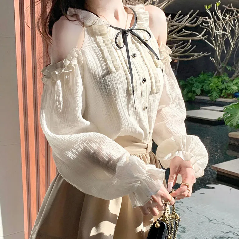 French Elegant Shirts Women Off Shoulder Sexy Ruffles Tops Spring Fashion Chic Vintage Sweet Patchwork Blouse Ladies Lace Up Bow
French Elegant Shirts Women Off Shoulder Sexy Ruffles Tops Spring Fashion Chic Vintage Sweet Patchwork Blouse Ladies Lace Up Bow