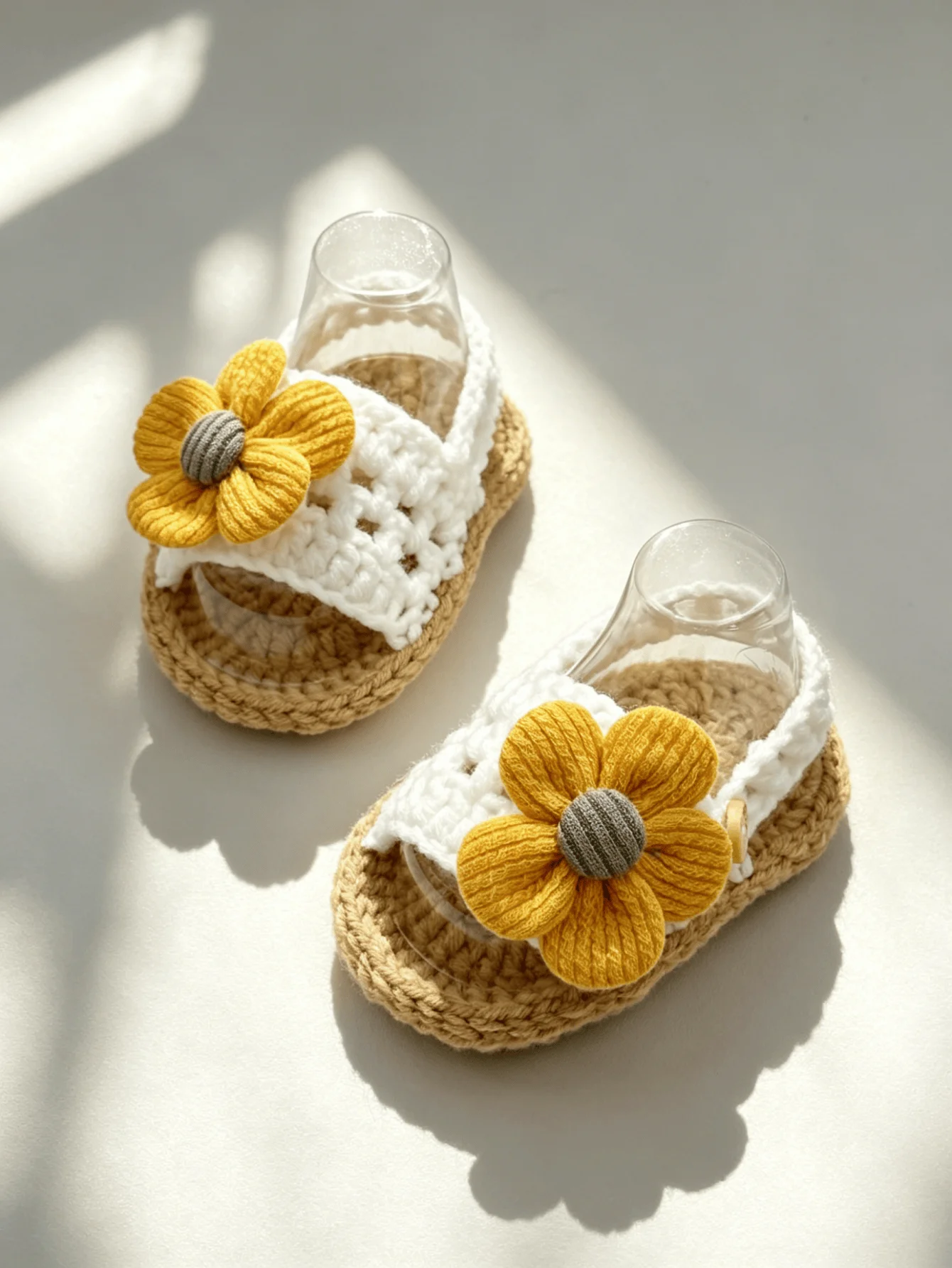 1 Pair Handmade Crochet Baby Sandals with Yellow Flower Accent, White and Tan, Infant Girl Booties
1 Pair Handmade Crochet Baby Sandals with Yellow Flower Accent, White and Tan, Infant Girl Booties