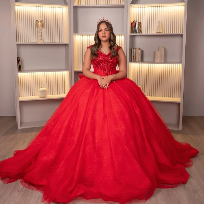Simple Red Quinceanera Dress off-shoulder Glitter Decal Long tail Bow vestidos de 15 Quinceanera Customize
Simple Red Quinceanera Dress off-shoulder Glitter Decal Long tail Bow vestidos de 15 Quinceanera Customize