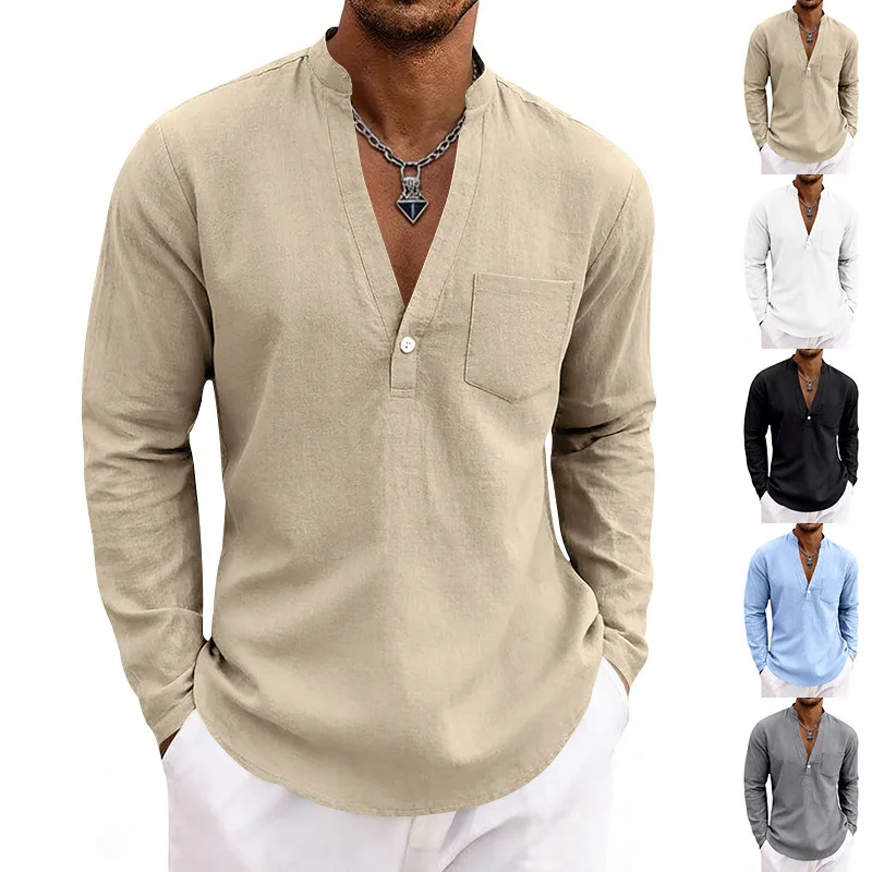Men's vintage cotton and linen Henry shirt, casual and loose fit, with a sports-style collar and button design
Men's vintage cotton and linen Henry shirt, casual and loose fit, with a sports-style collar and button design