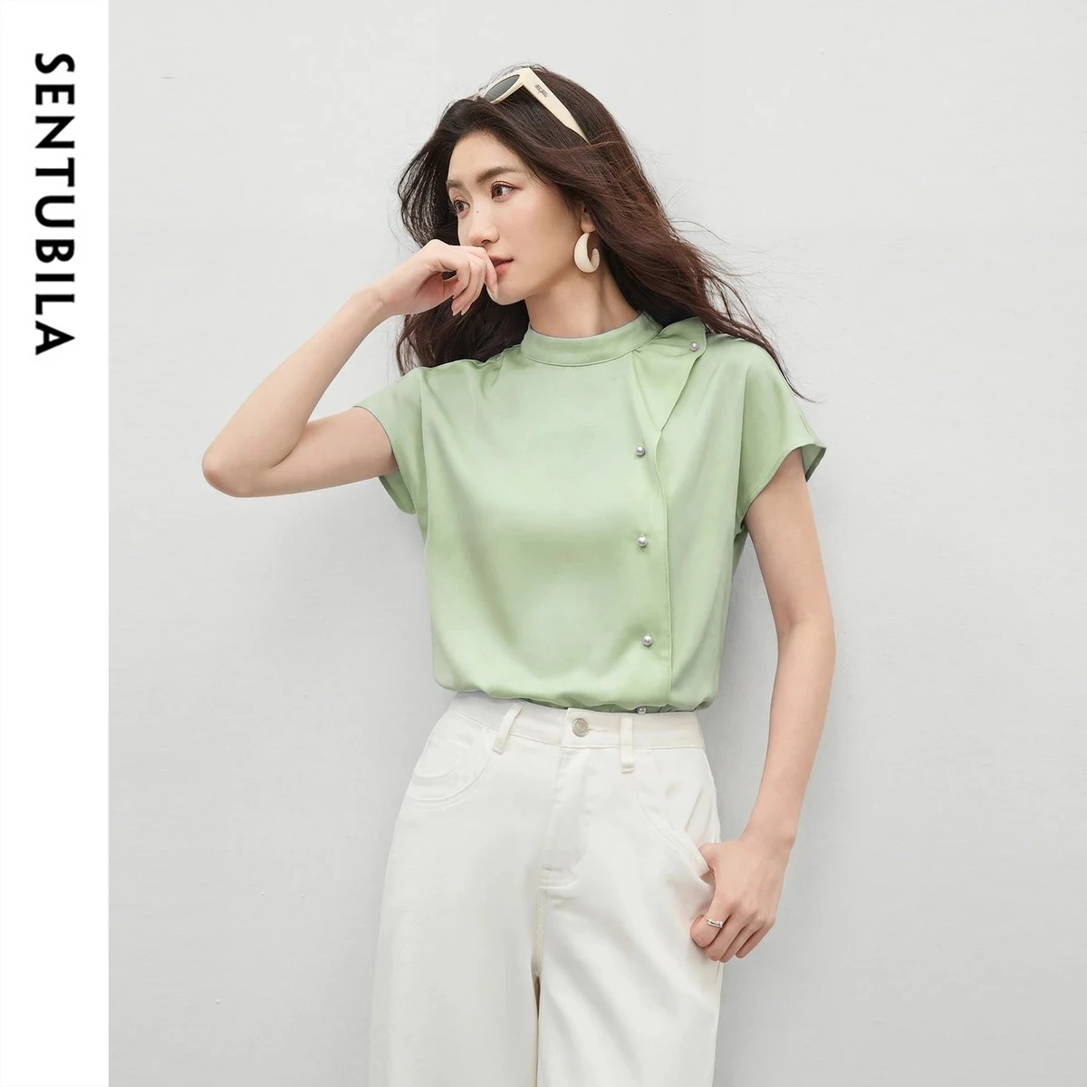 SENTUBILA Women's Stand Collar Chiffon Blouse Summer Office Elegant Asymmetrical Ruffle Shirt Simple Pearl Button Top 162VA6234X
SENTUBILA Women's Stand Collar Chiffon Blouse Summer Office Elegant Asymmetrical Ruffle Shirt Simple Pearl Button Top 162VA6234X