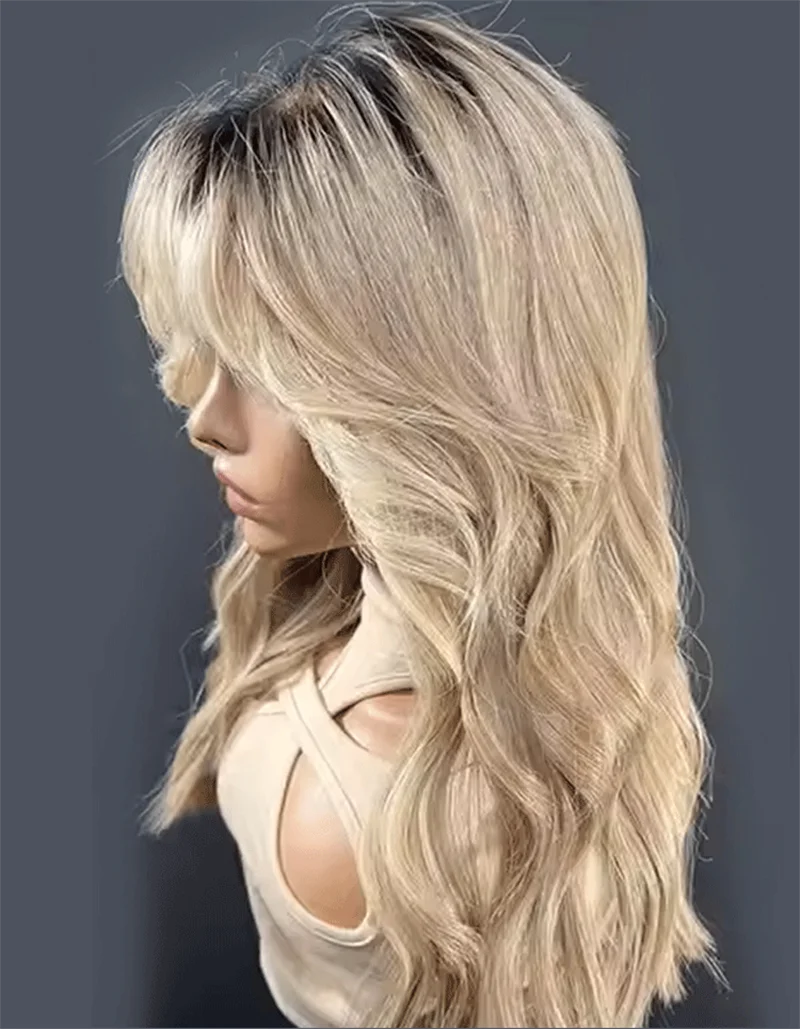 13×4 Bohemian layered synthetic wig Dark rooted lace wig Blonde With Bangs lace front wig Natural Preplucked Hairline Daily Use
13×4 Bohemian layered synthetic wig Dark rooted lace wig Blonde With Bangs lace front wig Natural Preplucked Hairline Daily Use