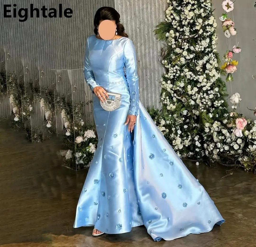 Eightale 2025 Sky Blue Satin Mermaid Long Sleeve Train Evening Dress Flowers Prom Dress Women Dubai Formal Party Gown Customized
Eightale 2025 Sky Blue Satin Mermaid Long Sleeve Train Evening Dress Flowers Prom Dress Women Dubai Formal Party Gown Customized