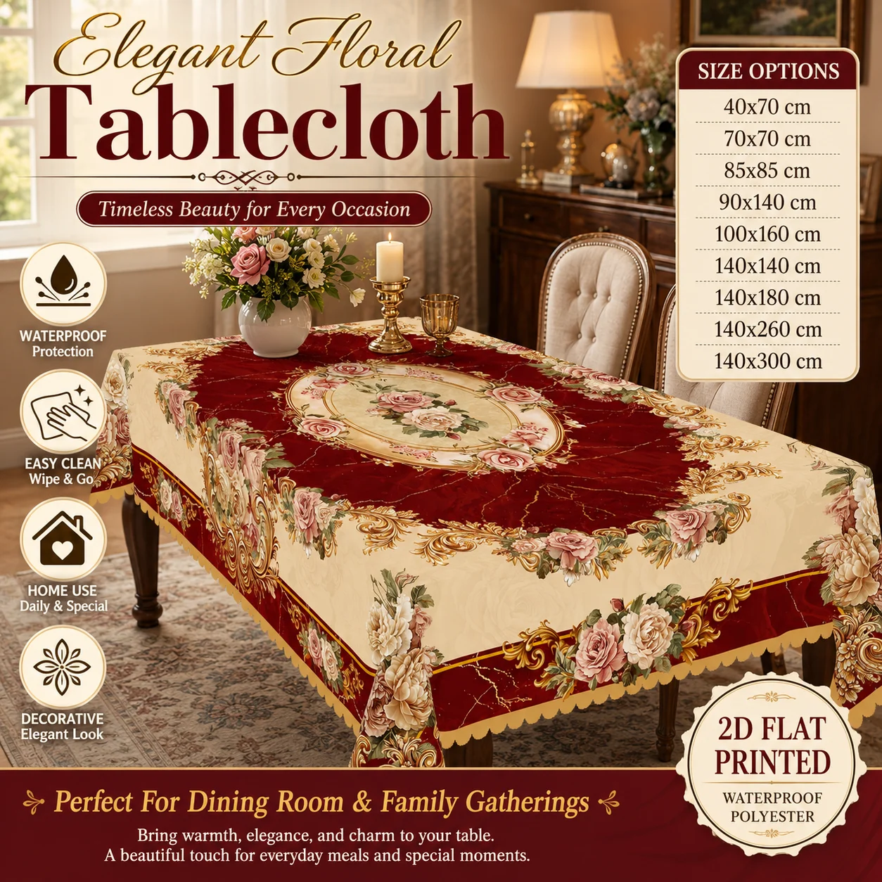 Vintage Red Floral Tablecloth Waterproof Polyester Table Cover 2D Flat Printed Elegant Rose for Dining Room Banquet Decor
Vintage Red Floral Tablecloth Waterproof Polyester Table Cover 2D Flat Printed Elegant Rose for Dining Room Banquet Decor