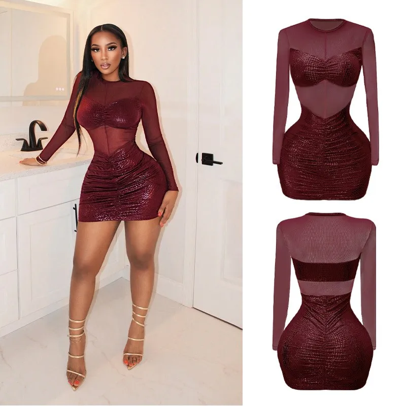 Prom Dress Women Luxury Party Long Sleeve High Waist Round Neck Sheer Mesh Panel Ruched Skirt Burgundy Color Evening Dress
Prom Dress Women Luxury Party Long Sleeve High Waist Round Neck Sheer Mesh Panel Ruched Skirt Burgundy Color Evening Dress