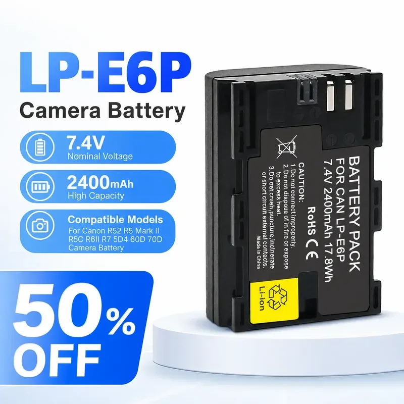 LP-E6P 7.4V 2400mAh Li-ion Battery for Canon R52 R5 Mark II R5C R6II R7 5D4 60D 70D Camera Battery Pack Rechargeable Li-ion
LP-E6P 7.4V 2400mAh Li-ion Battery for Canon R52 R5 Mark II R5C R6II R7 5D4 60D 70D Camera Battery Pack Rechargeable Li-ion