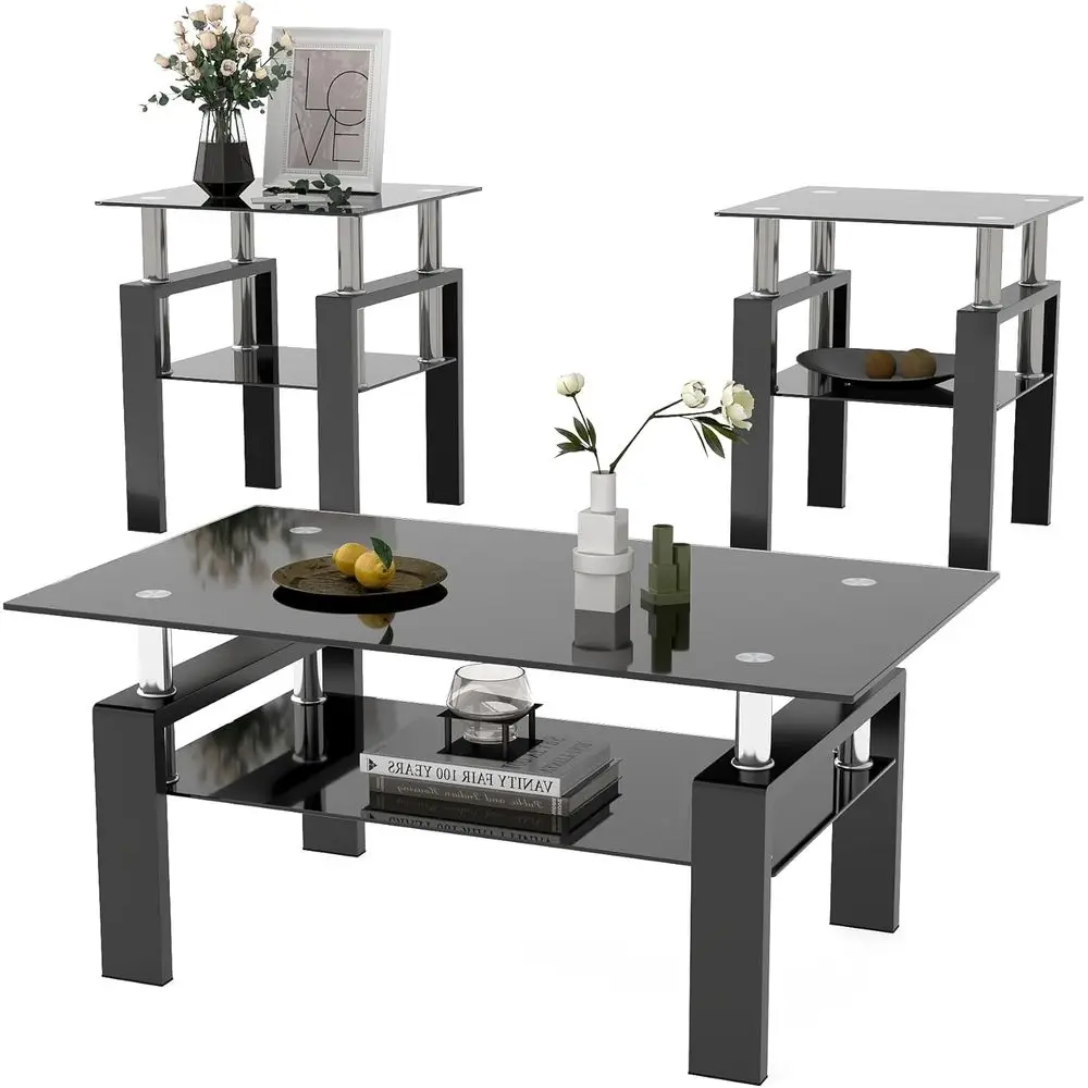 3 Piece Living Room Table Set, ern Tempered Glass Coee Table Set, Glass Coee Table Black Metal e End Table or Living Room Aparen
3 Piece Living Room Table Set, ern Tempered Glass Coee Table Set, Glass Coee Table Black Metal e End Table or Living Room Aparen
