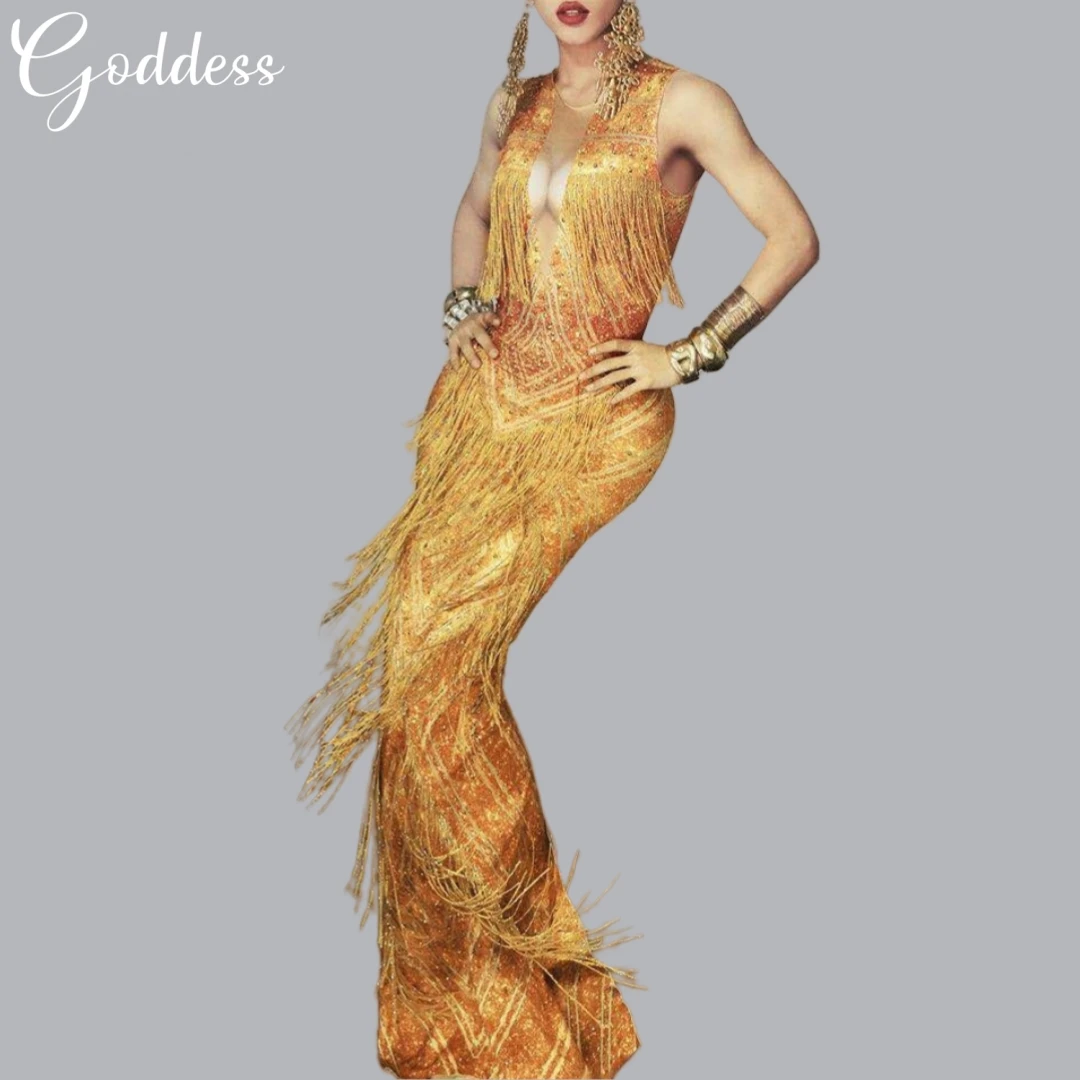 Fashion Gold Rhinestone Tassel Party Dress Women Sexy Sleeveless Evening Fringes Dress Nightclub Bodycon Long Dress Stage Outfit
Fashion Gold Rhinestone Tassel Party Dress Women Sexy Sleeveless Evening Fringes Dress Nightclub Bodycon Long Dress Stage Outfit