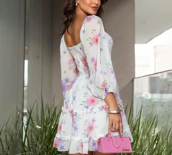 Autumn 2025 Square Neck Backless Floral Print Short Skirt for Women Fashionable and Elegant Slim Fit Lantern Sleeve A-Line Dress 
Autumn 2025 Square Neck Backless Floral Print Short Skirt for Women Fashionable and Elegant Slim Fit Lantern Sleeve A-Line Dress