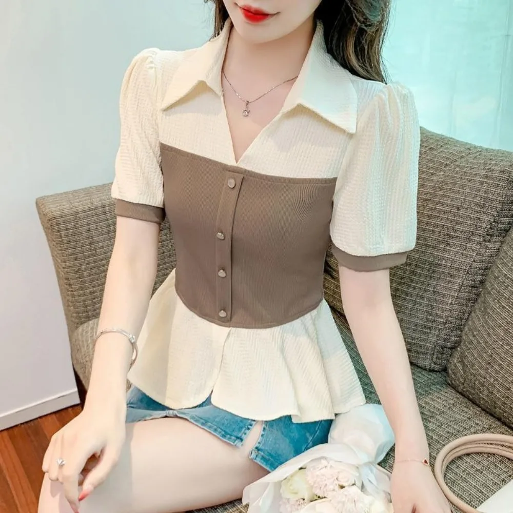 Ladies Fashion Simplicity Elegant Temperament Short Sleeve Tops Fake Two Women's Shirts Buttons Summe New Style Turn-down Collar
Ladies Fashion Simplicity Elegant Temperament Short Sleeve Tops Fake Two Women's Shirts Buttons Summe New Style Turn-down Collar