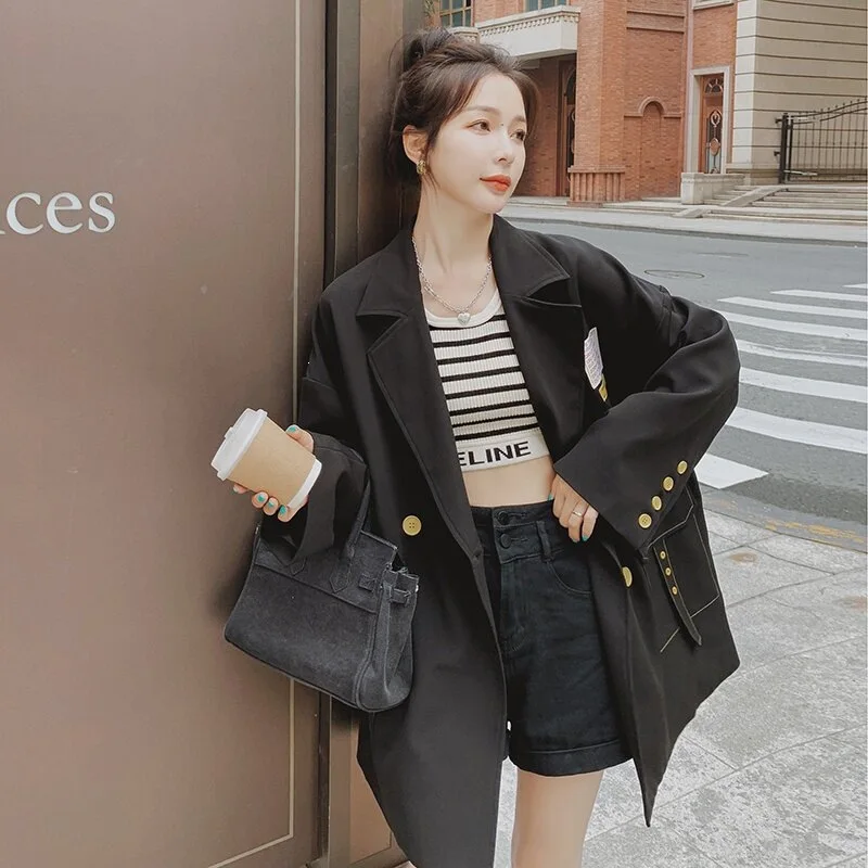 SuperAen 2026 Spring and Summer New Long-sleeved Black Korean-style Double-breasted Design Loose Notched Blazer Tops
SuperAen 2026 Spring and Summer New Long-sleeved Black Korean-style Double-breasted Design Loose Notched Blazer Tops
