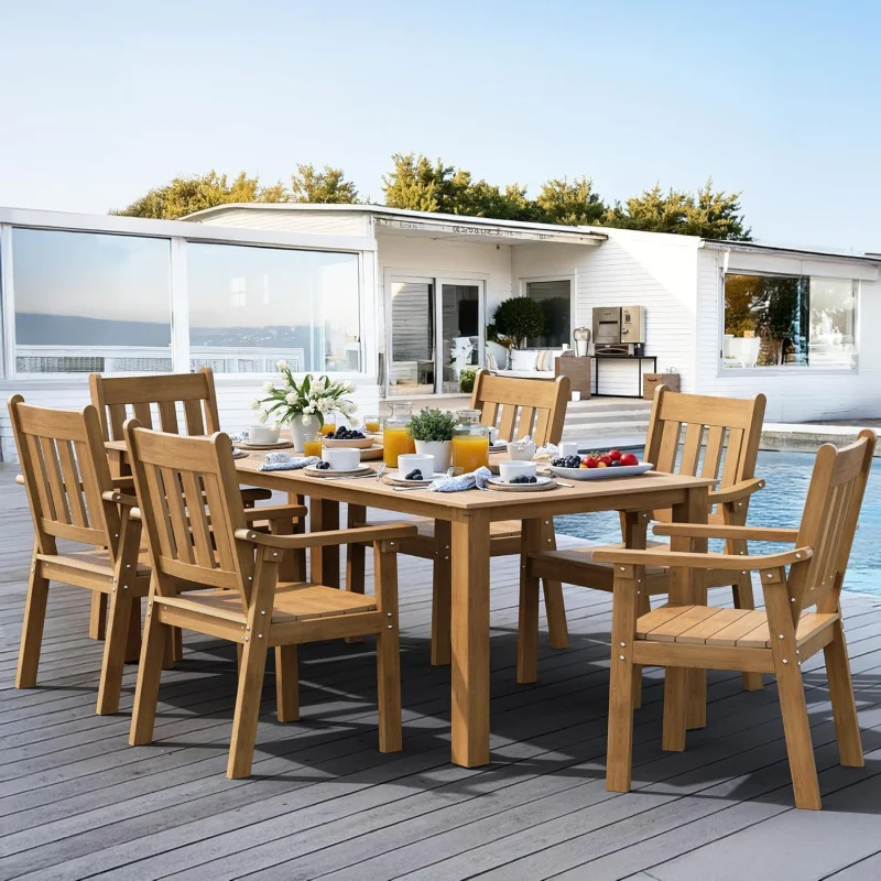 Piece Patio Dining Set 6, Teak Plastic Outdoor Table & Chairs/Hole, Fade-Resistant, Rustproof Aluminum Frame
Piece Patio Dining Set 6, Teak Plastic Outdoor Table & Chairs/Hole, Fade-Resistant, Rustproof Aluminum Frame