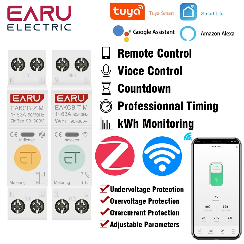 Tuya WiFi Zigbee Smart Circuit Breaker MCB 1P+N 63A Power Energy kWh Voltage Current Meter Protector Voice Remote Control Switch
Tuya WiFi Zigbee Smart Circuit Breaker MCB 1P+N 63A Power Energy kWh Voltage Current Meter Protector Voice Remote Control Switch