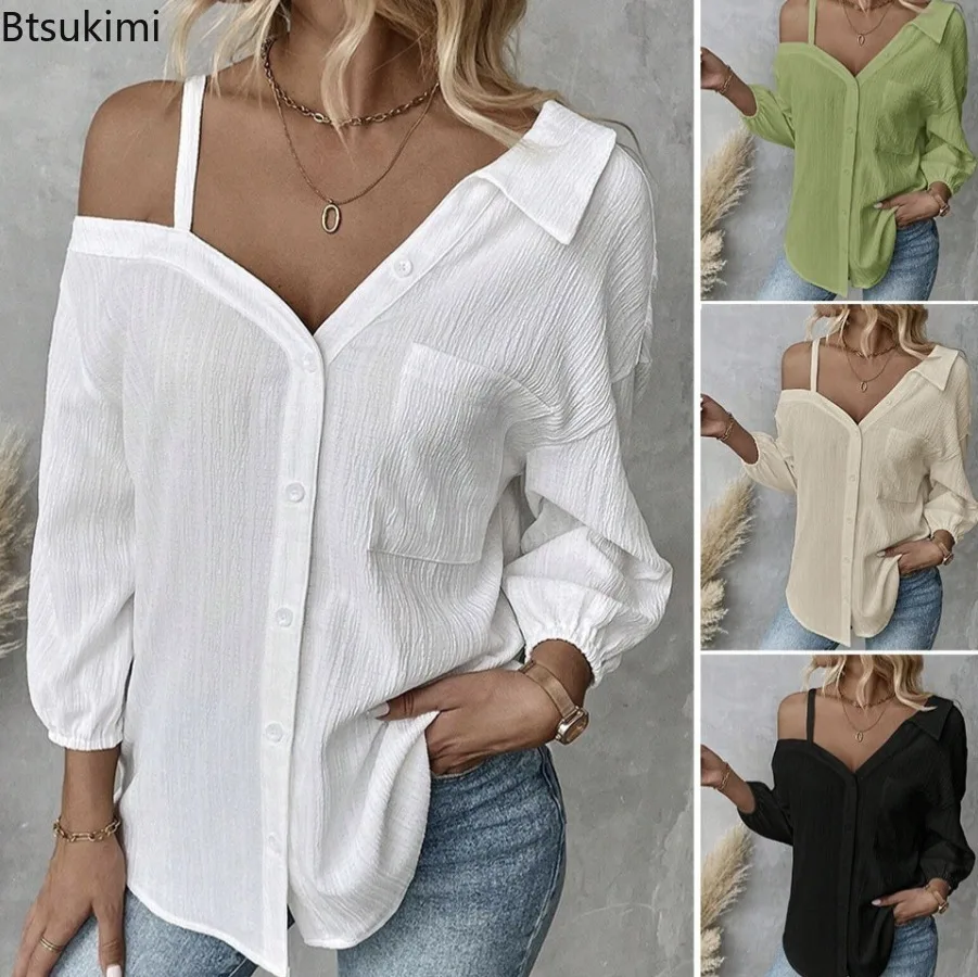 Sexy Women's Halter Strapless White Shirts Simple Casual Loose Single Breasted Long Sleeve Tops Spring Summer Female Streetwear
Sexy Women's Halter Strapless White Shirts Simple Casual Loose Single Breasted Long Sleeve Tops Spring Summer Female Streetwear