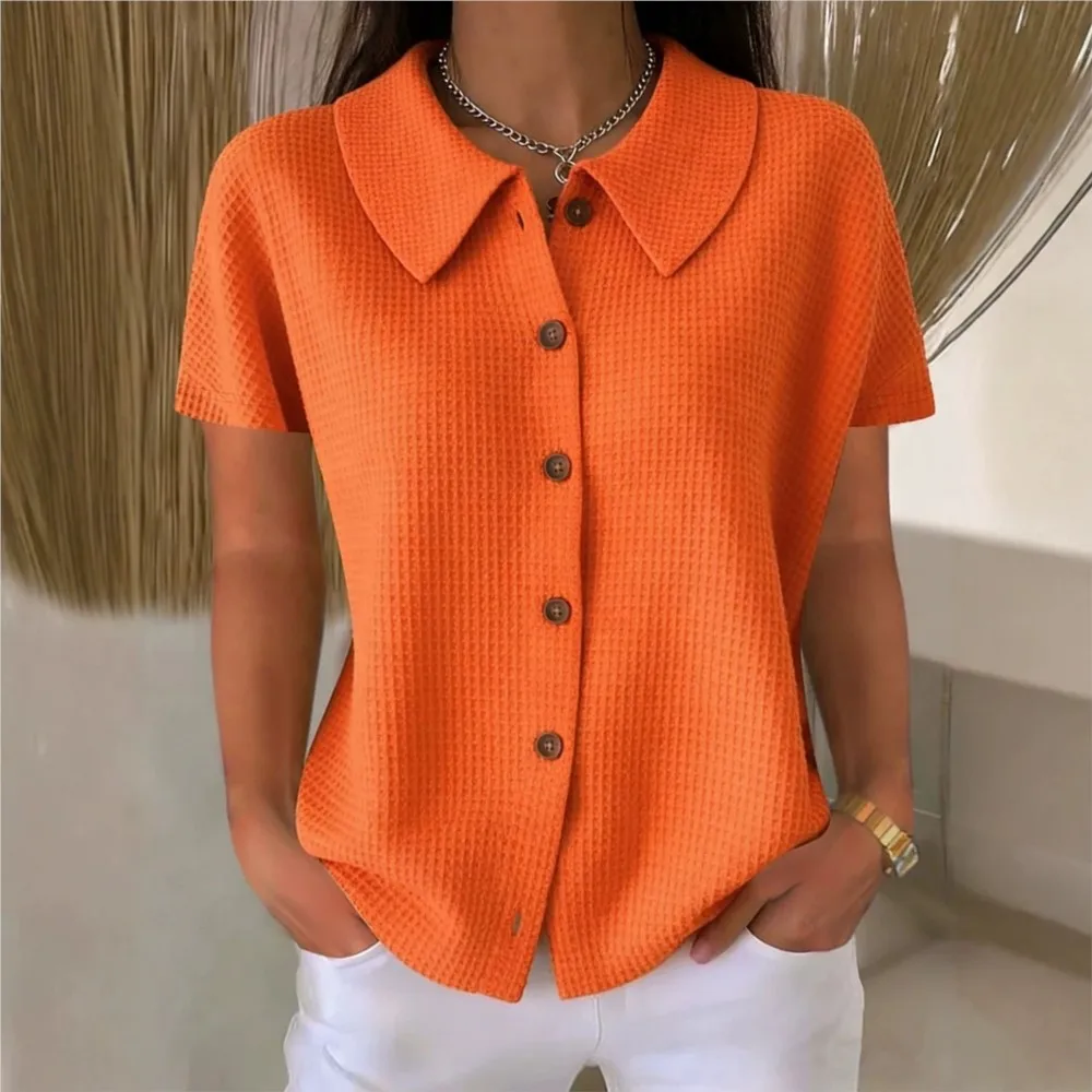 Women's Summer Short Sleeve Textured Waffle Knit Shirt Vintage Turn Down Collar Button Down Slim Casual Fashion Solid Color Top
Women's Summer Short Sleeve Textured Waffle Knit Shirt Vintage Turn Down Collar Button Down Slim Casual Fashion Solid Color Top